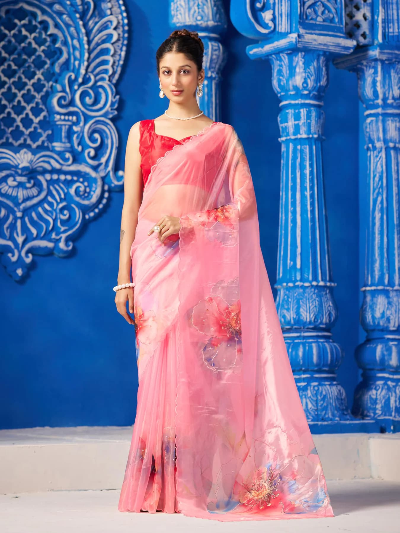 Women's Organza Floral Printed Pink Saree with Unstitched Blouse Piece