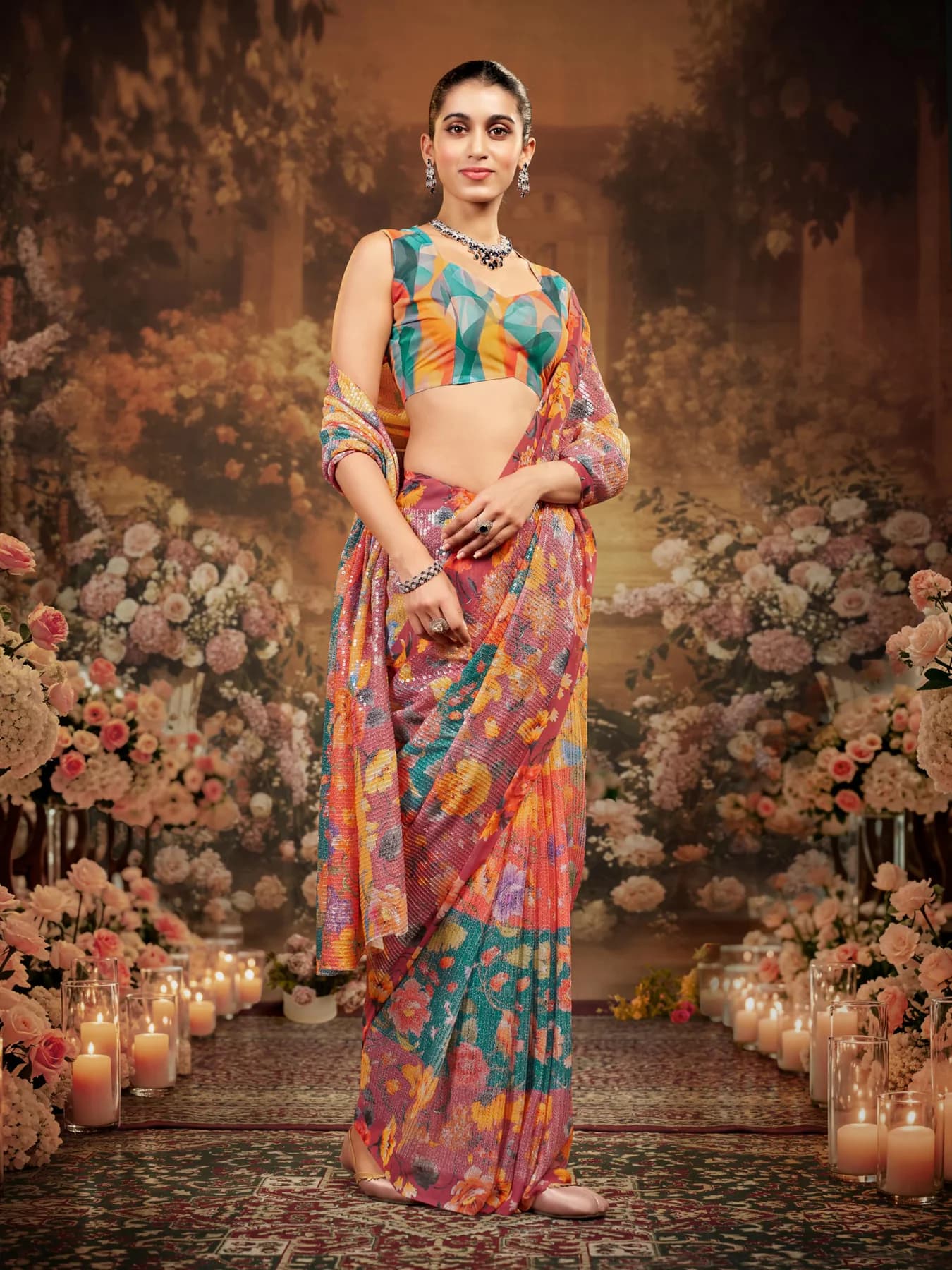 Women's Georgette Floral Sequins Stripe Embroidered Red and Yellow Saree with Unstitched Blouse Piece