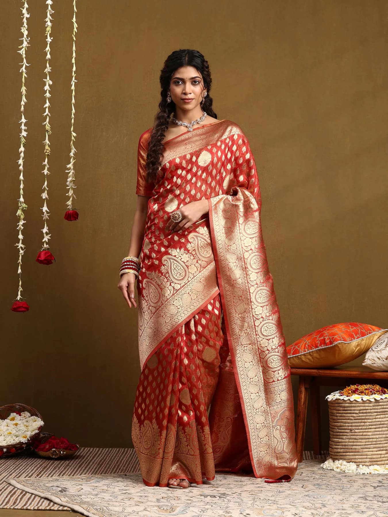 Women's Cotton Blend Paisley Woven Design Orange Chanderi Saree with Unstitched Blouse Piece