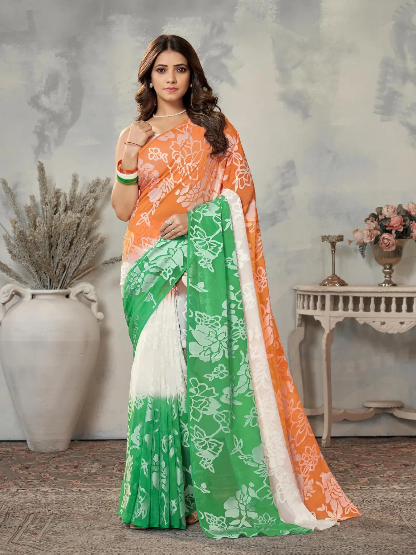 Women's Satin Floral Printed Tricolor Saree