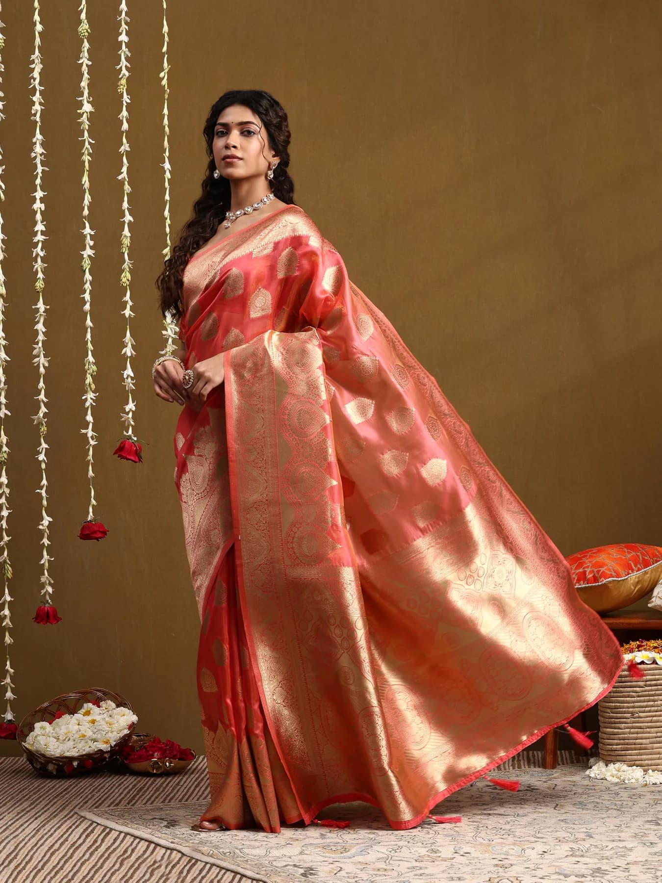 Women's Cotton Blend Floral Woven Design Pink Chanderi Saree with Unstitched Blouse Piece