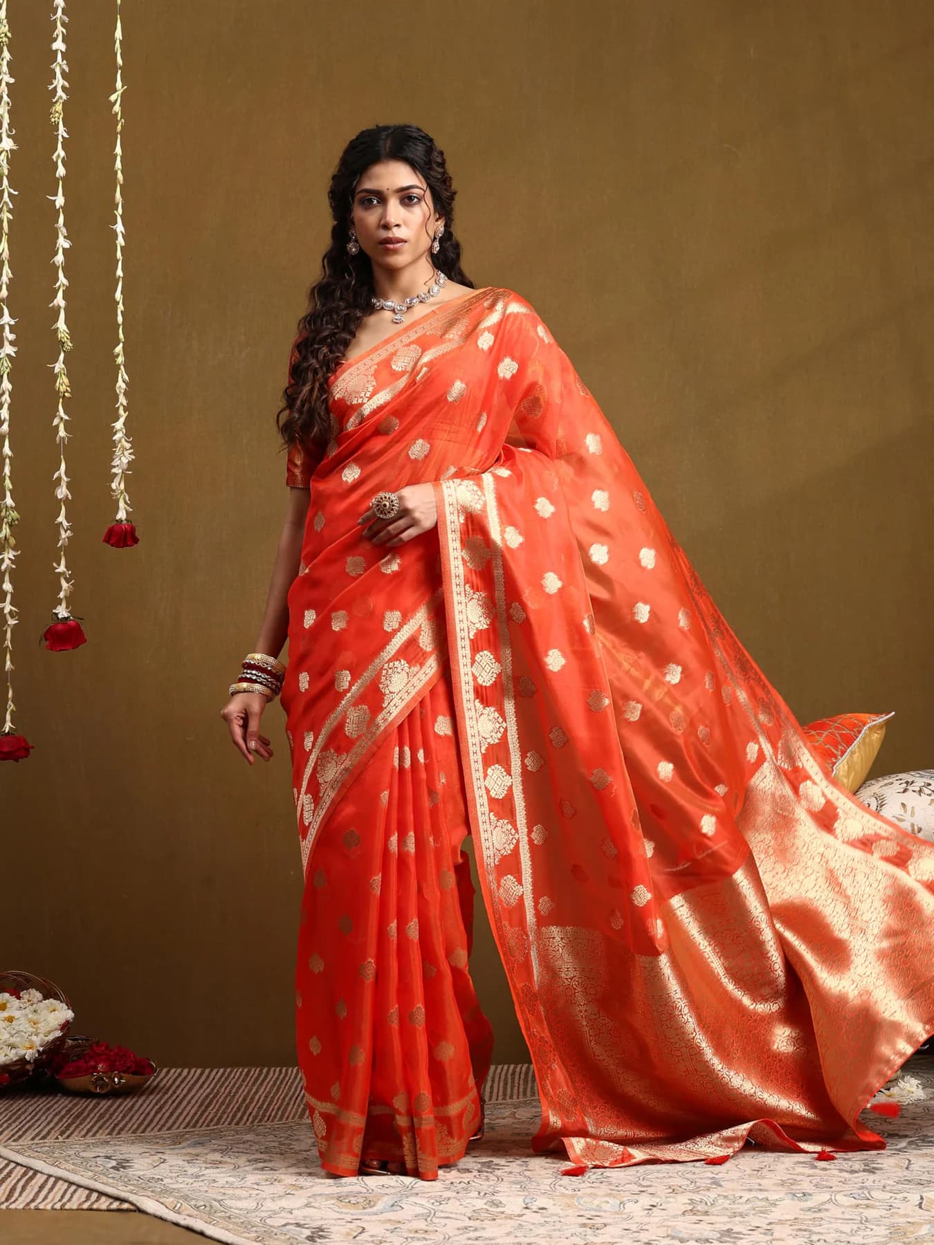 Women's Cotton Blend Floral Woven Design Orange Chanderi Saree with Unstitched Blouse Piece