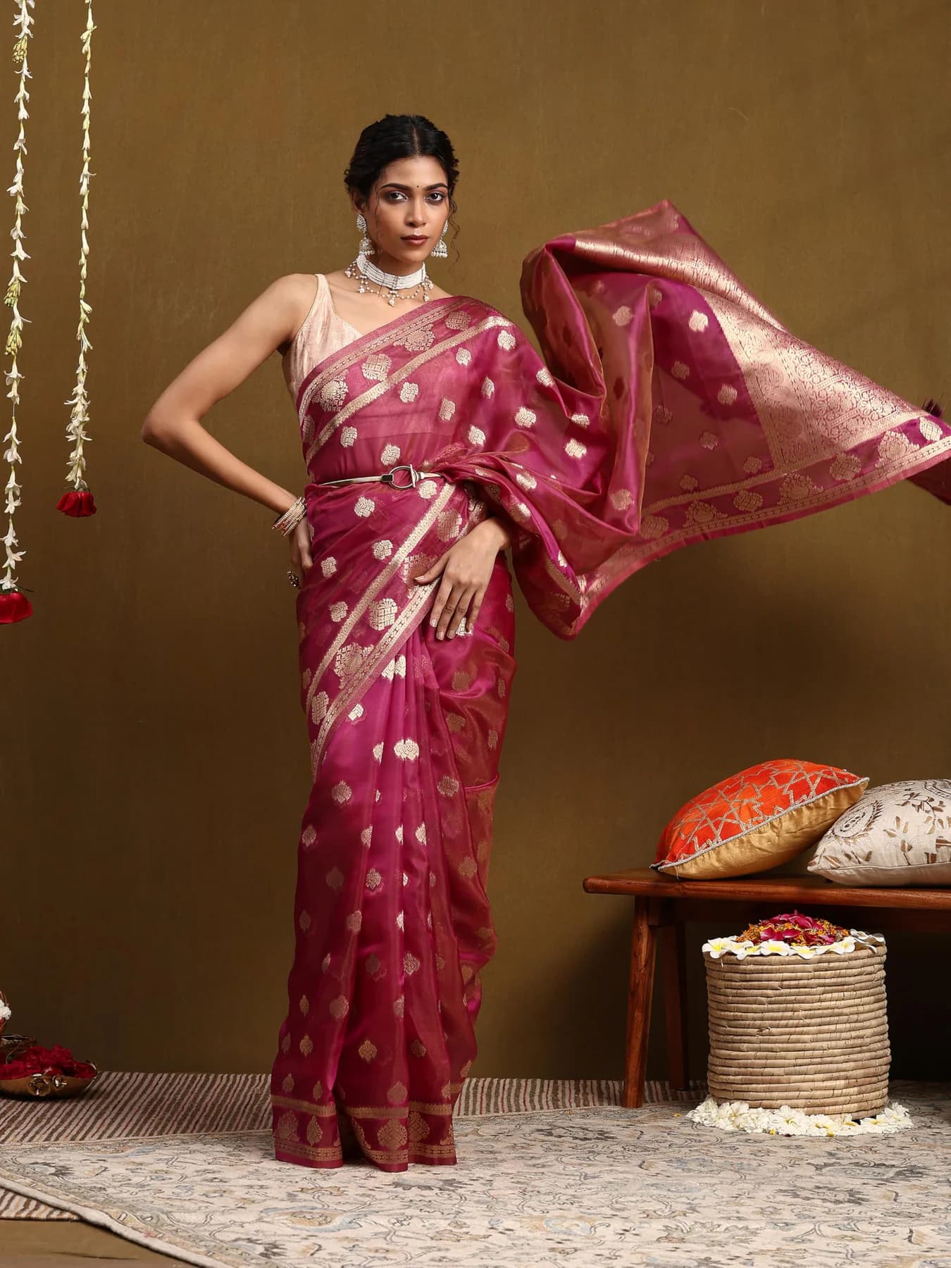 Women's Cotton Blend Floral Woven Design Pink Chanderi Saree with Unstitched Blouse Piece
