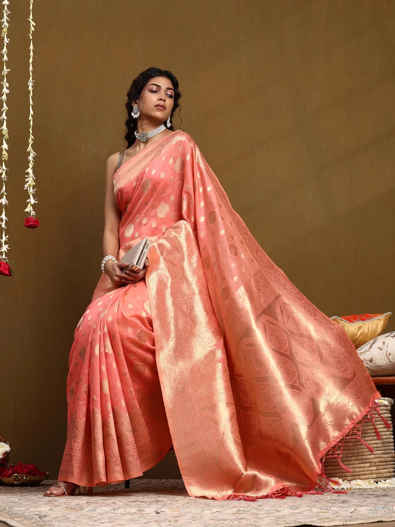 Women's Cotton Blend Floral Woven Design Pink Chanderi Saree with Unstitched Blouse Piece