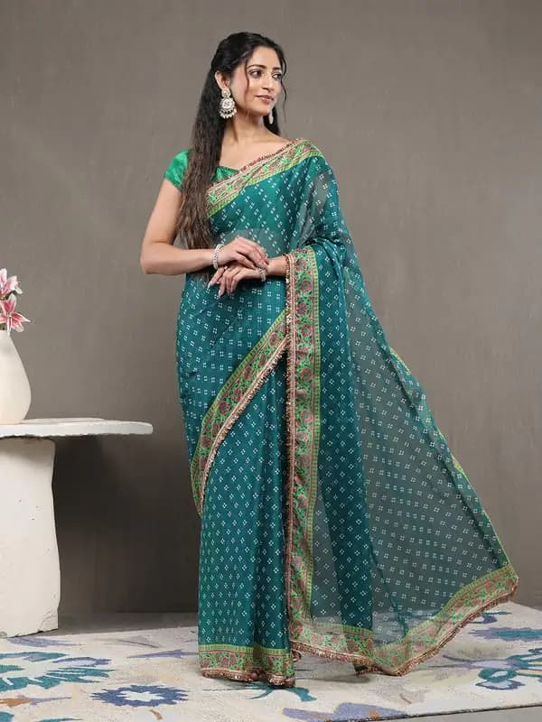 Women's Chiffon Bandhani Printed Green Bandhani Saree with Unstitched Blouse Piece