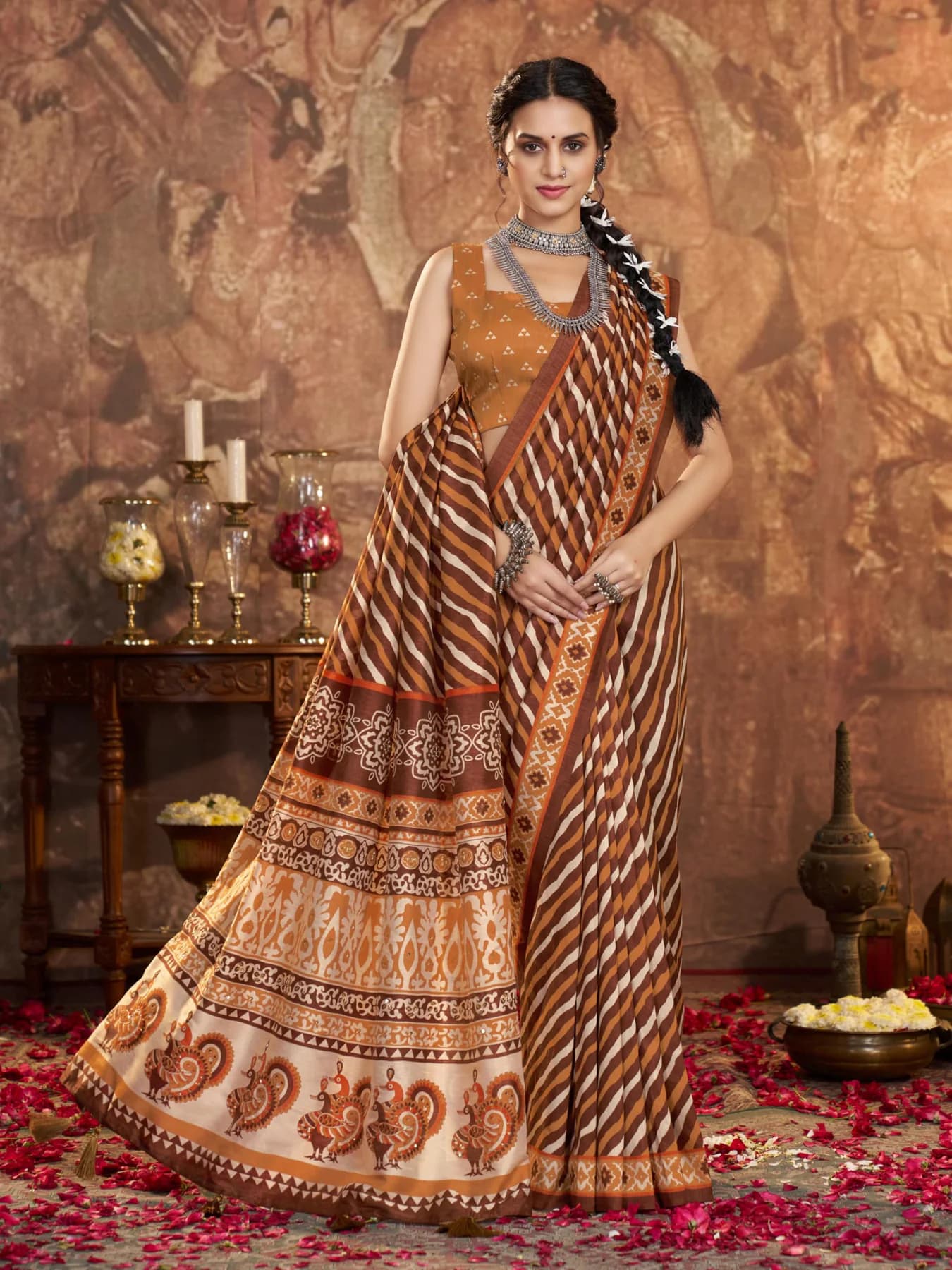 Women's Tribal Art Printed Art Brown Silk Saree with Unstitched Blouse