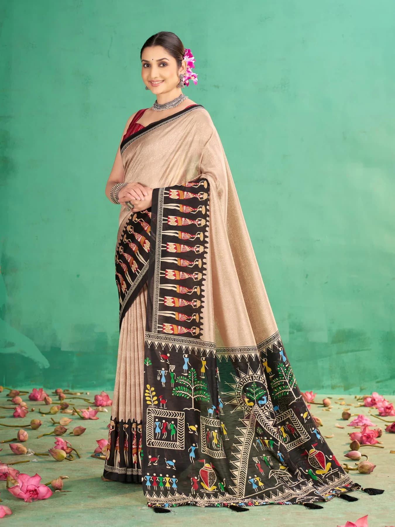Women's Summer Roganza Viscose Brasso Floral Beige Print Saree with Unstitched Blouse Piece