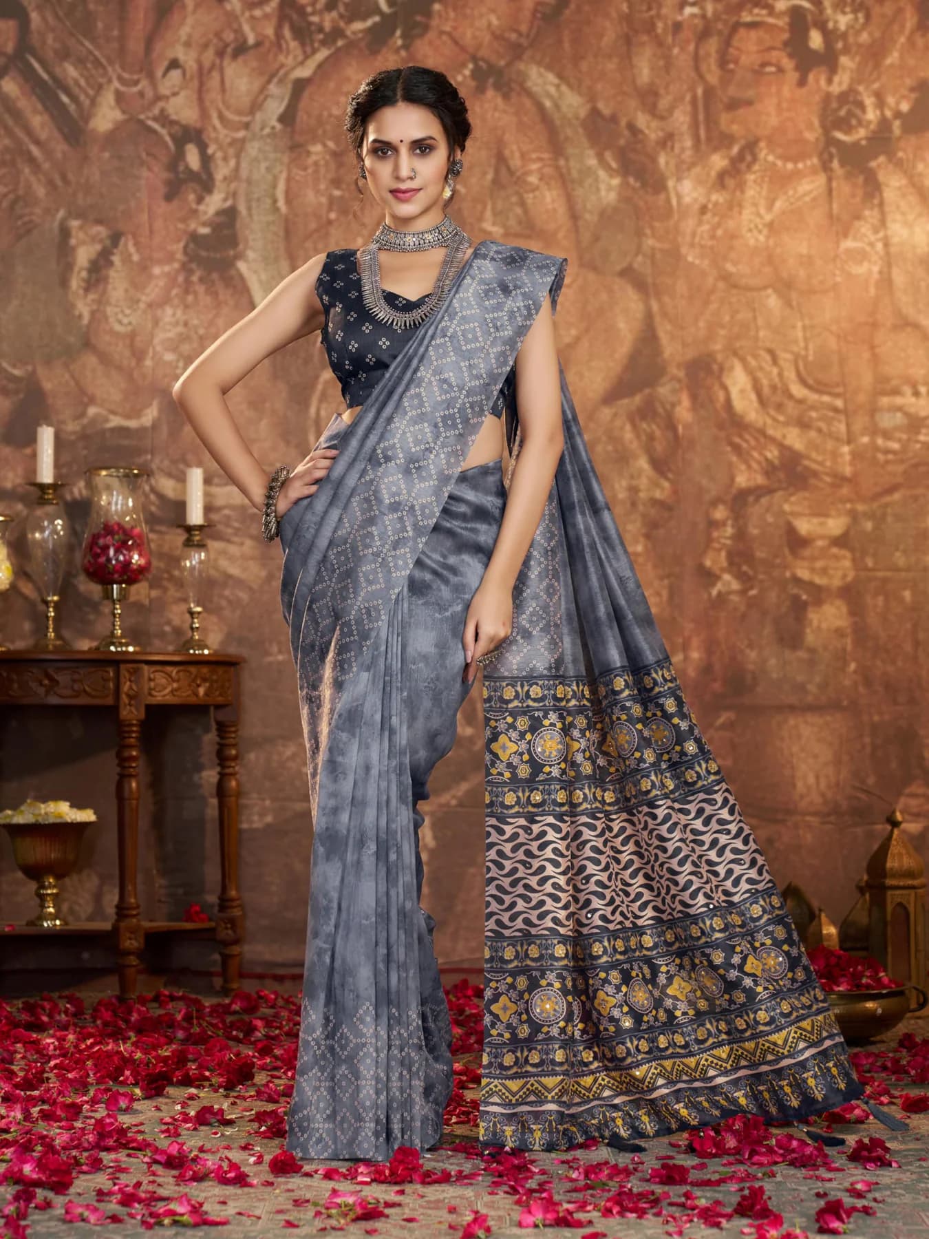 Women's Floral Print Art Grey Silk Saree with Unstitched Blouse