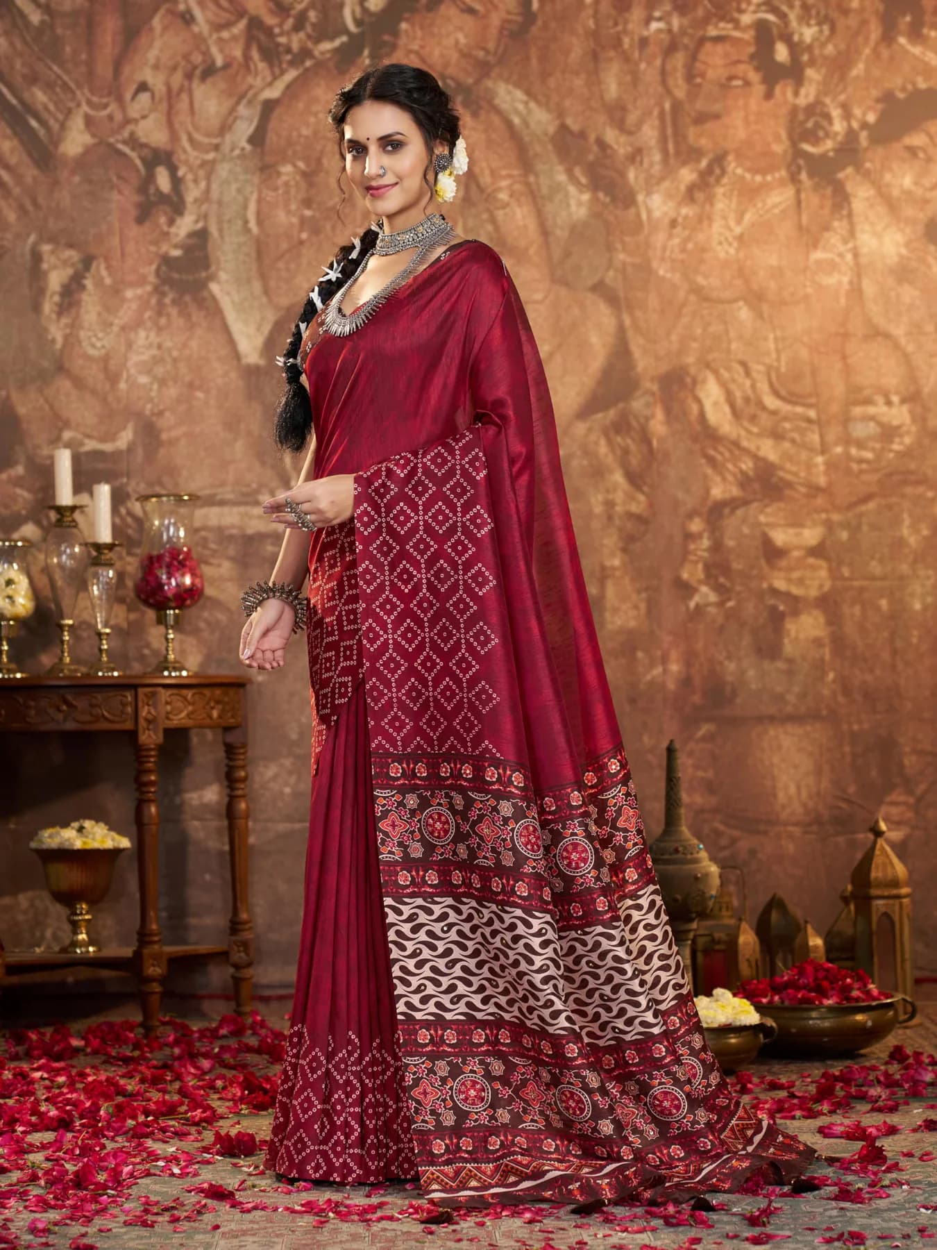 Women's Abstract and Geometric Print Red Art Silk Saree with Unstitched Blouse