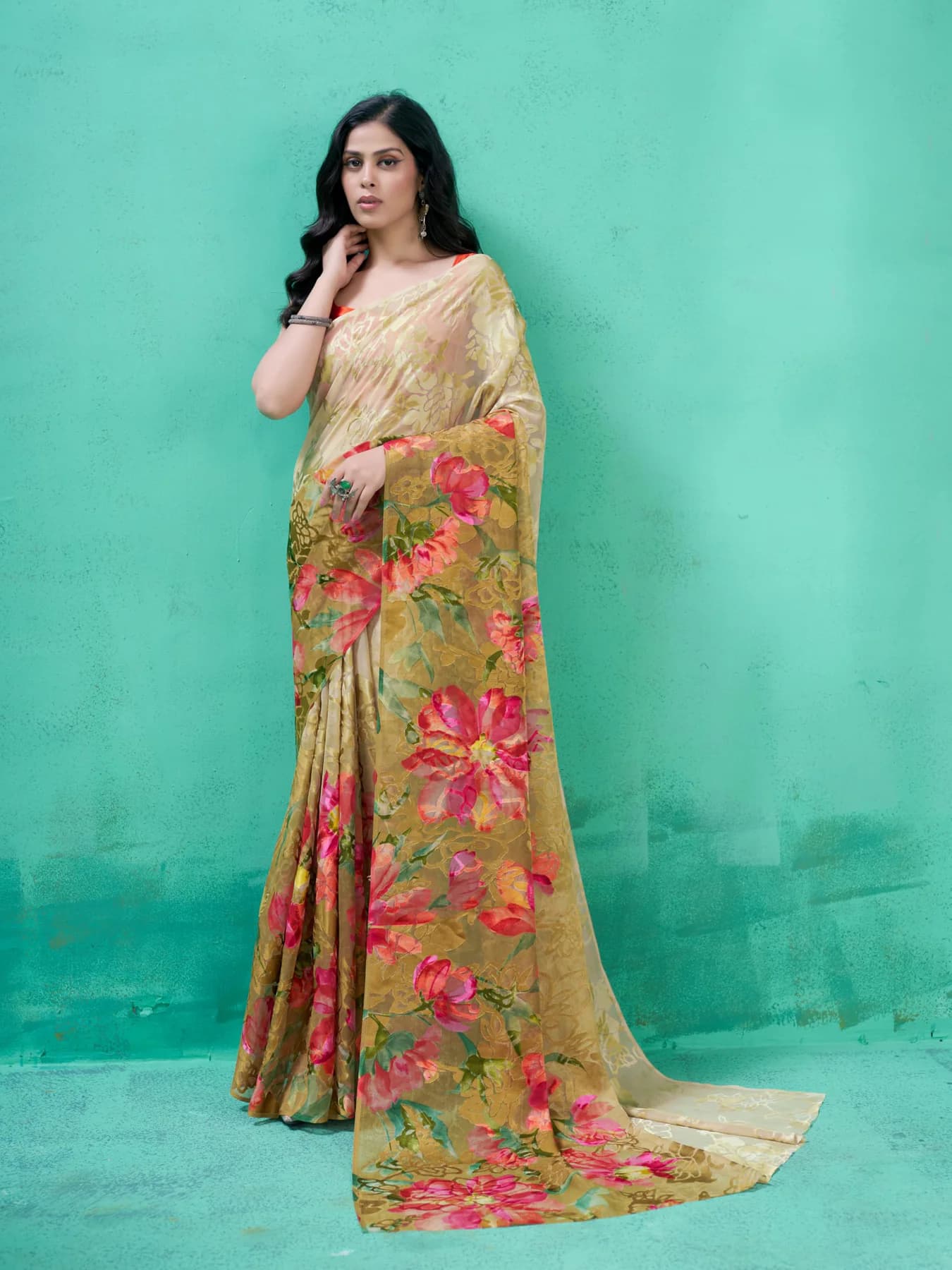 Women's Summer Roganza Viscose Brasso Multicolor Floral Print Saree with Unstitched Blouse Piece
