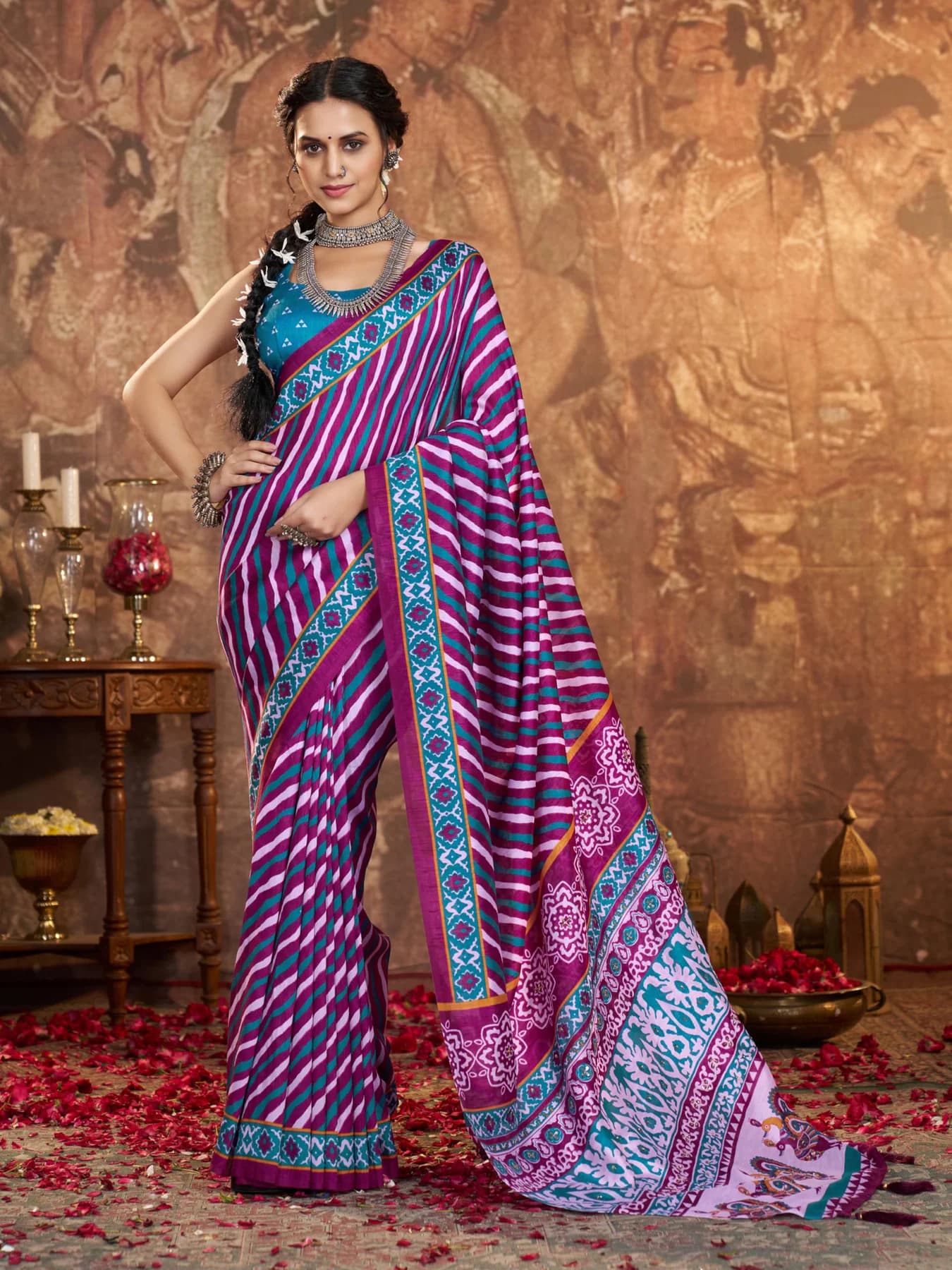 Women's Striped Art Silk Purple Saree with Unstitched Blouse