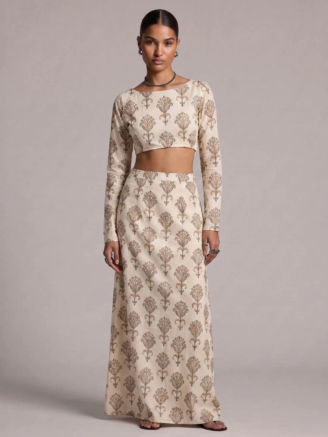 Women's White Party Printed Regular Fit Top and Mid Rise Skirts