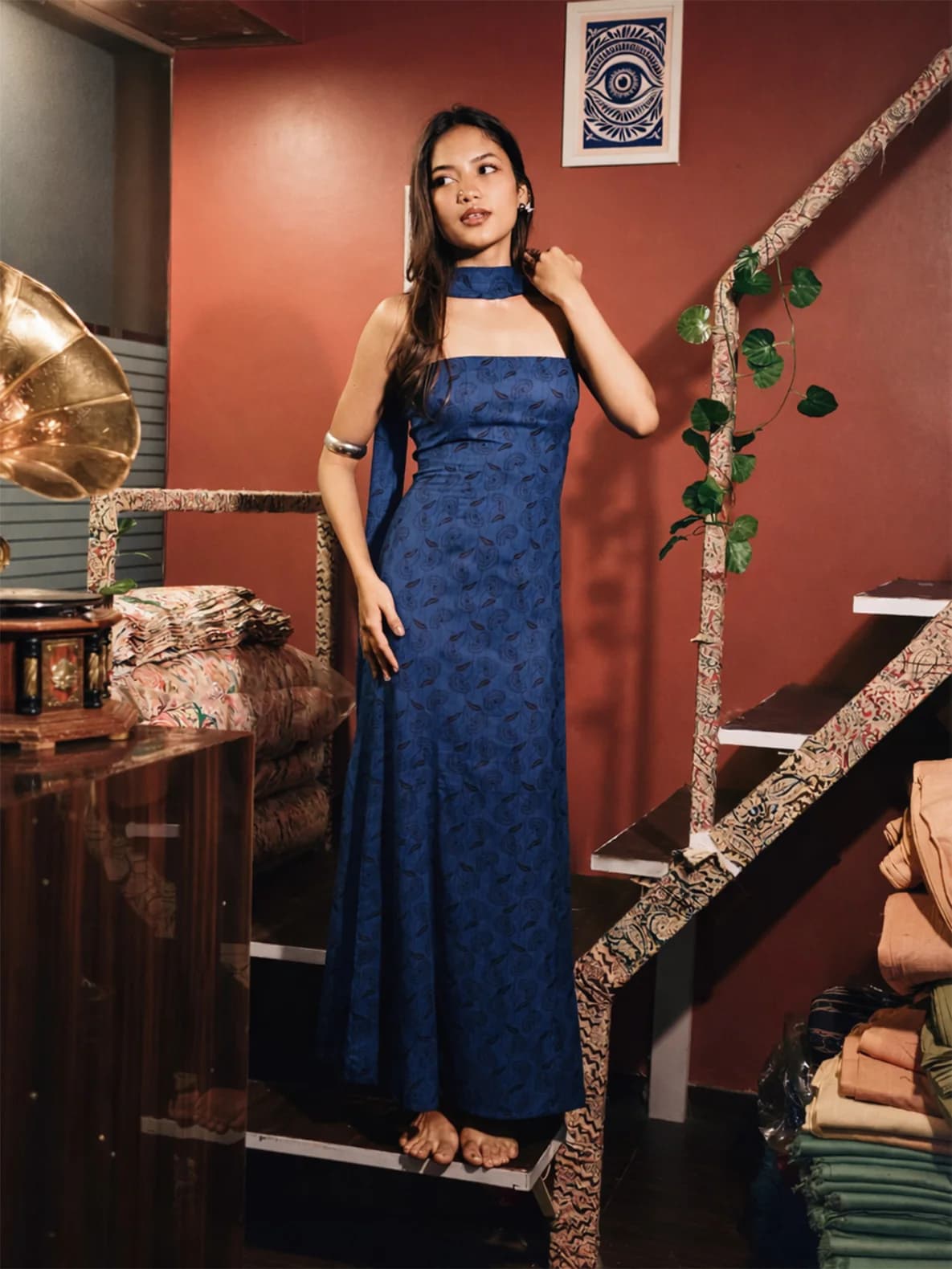Women's Navy Party Floral Fit & Flared Strapless Dress