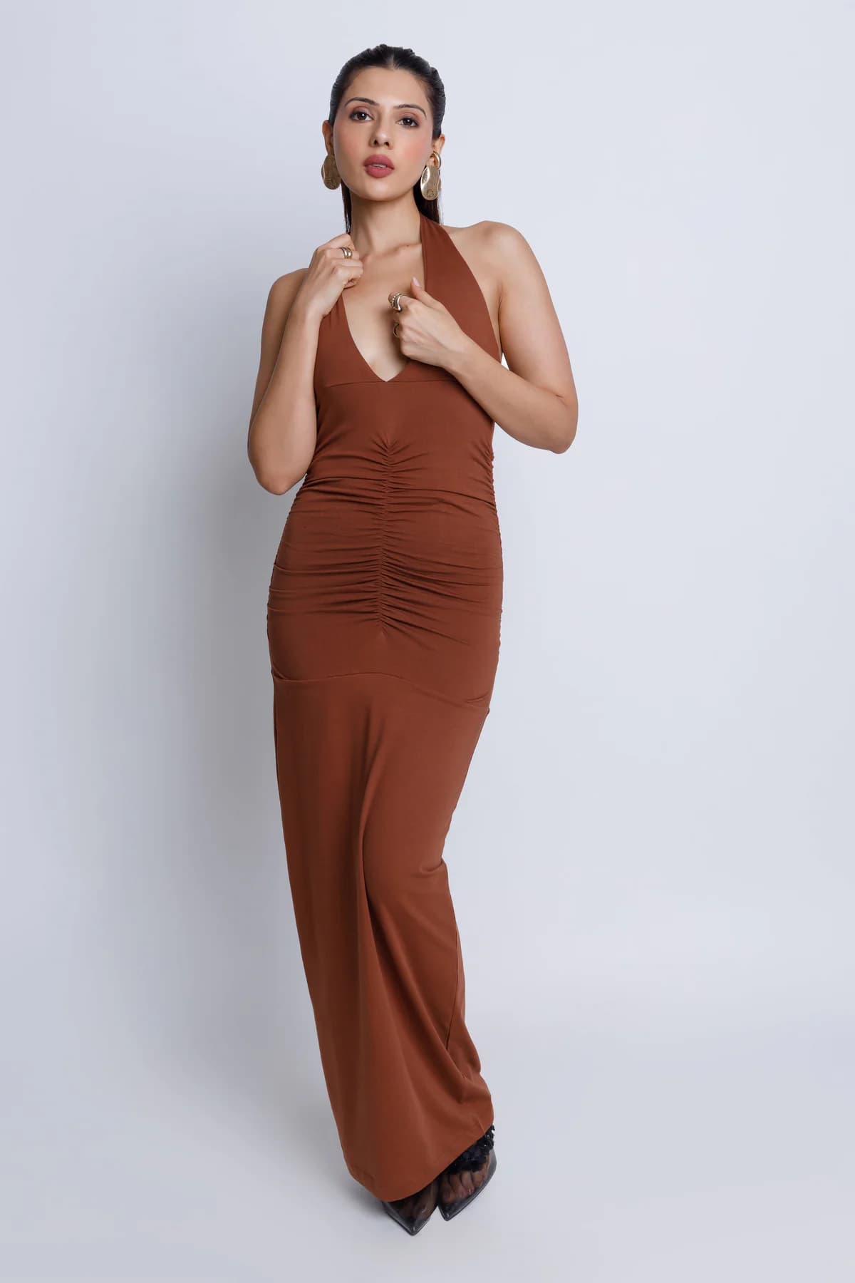 Women's Brown Casual Slim Fit Solid Sleeveless Dress