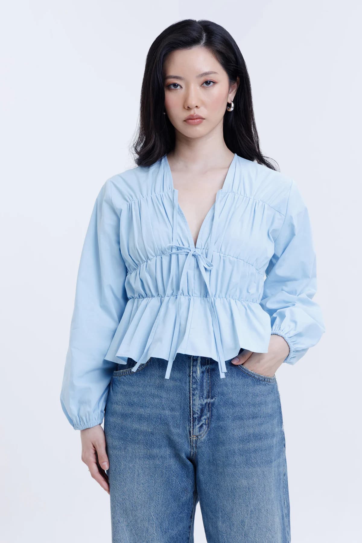 Women's Blue Casual Regular Fit Solid Full Sleeves Top