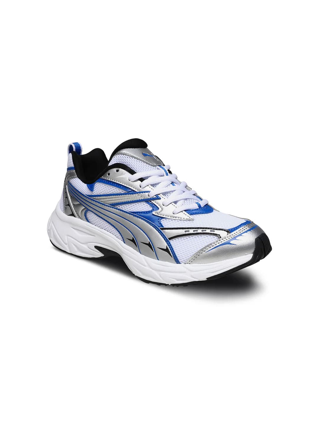Unisex White-Silver-Team Royal Morphic Glossy Print Low-Top Round Toe Running Sneakers