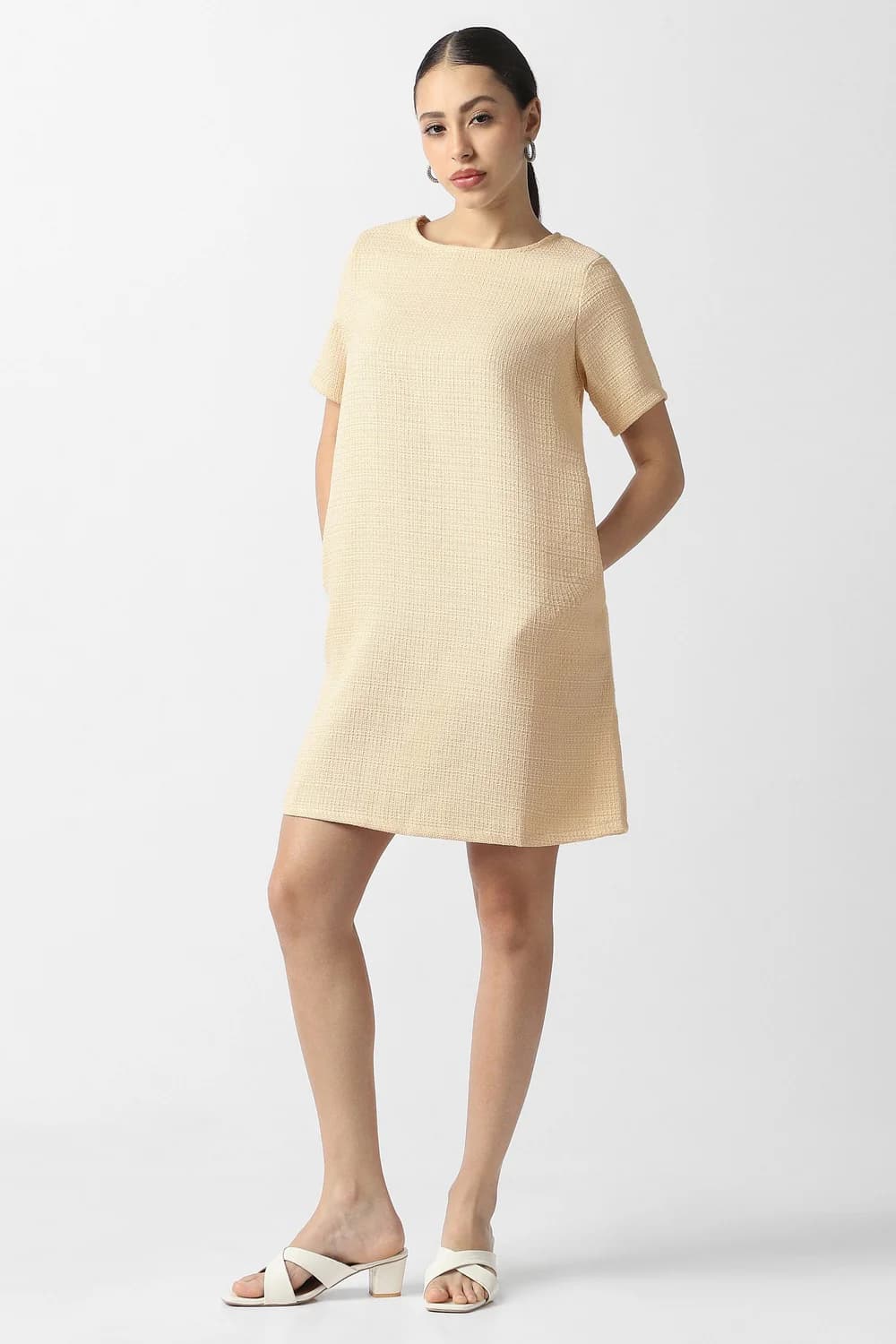 Women's Beige Formal Half Sleeves Below Knee A-Line Dress