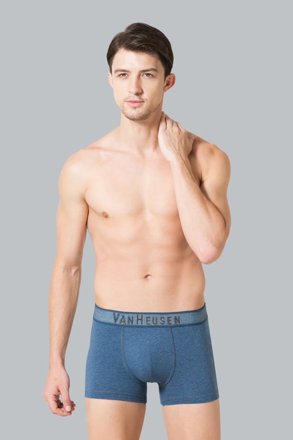 Men's Blue Mid Solid Denim Jacquard Waistband Plush Back Elasticized Waistband Trunks