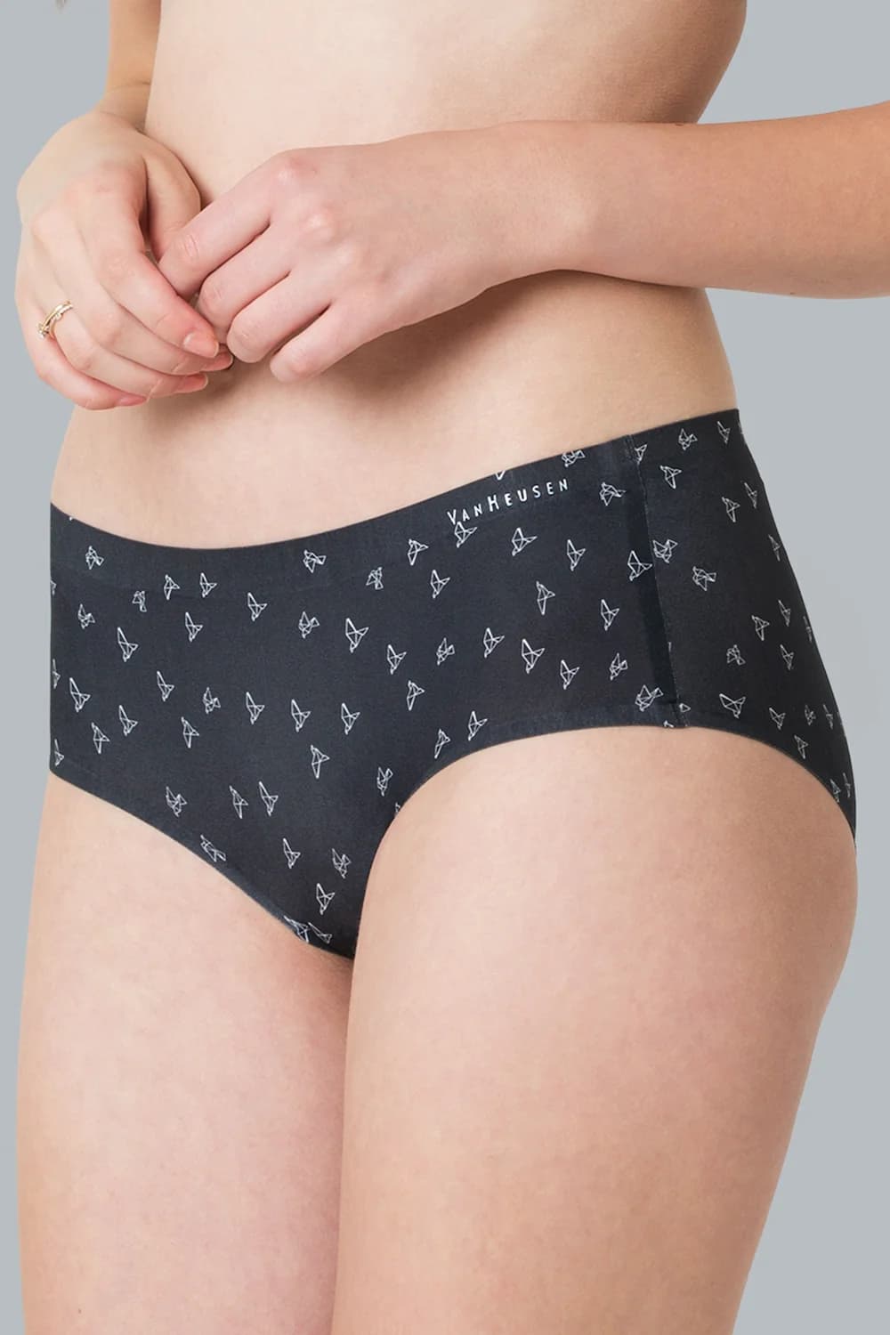 Women's Black Origamy AOP Allover Print No Visible Panty Line Easy Stain Release Gusset Invisilite Hipster Panty
