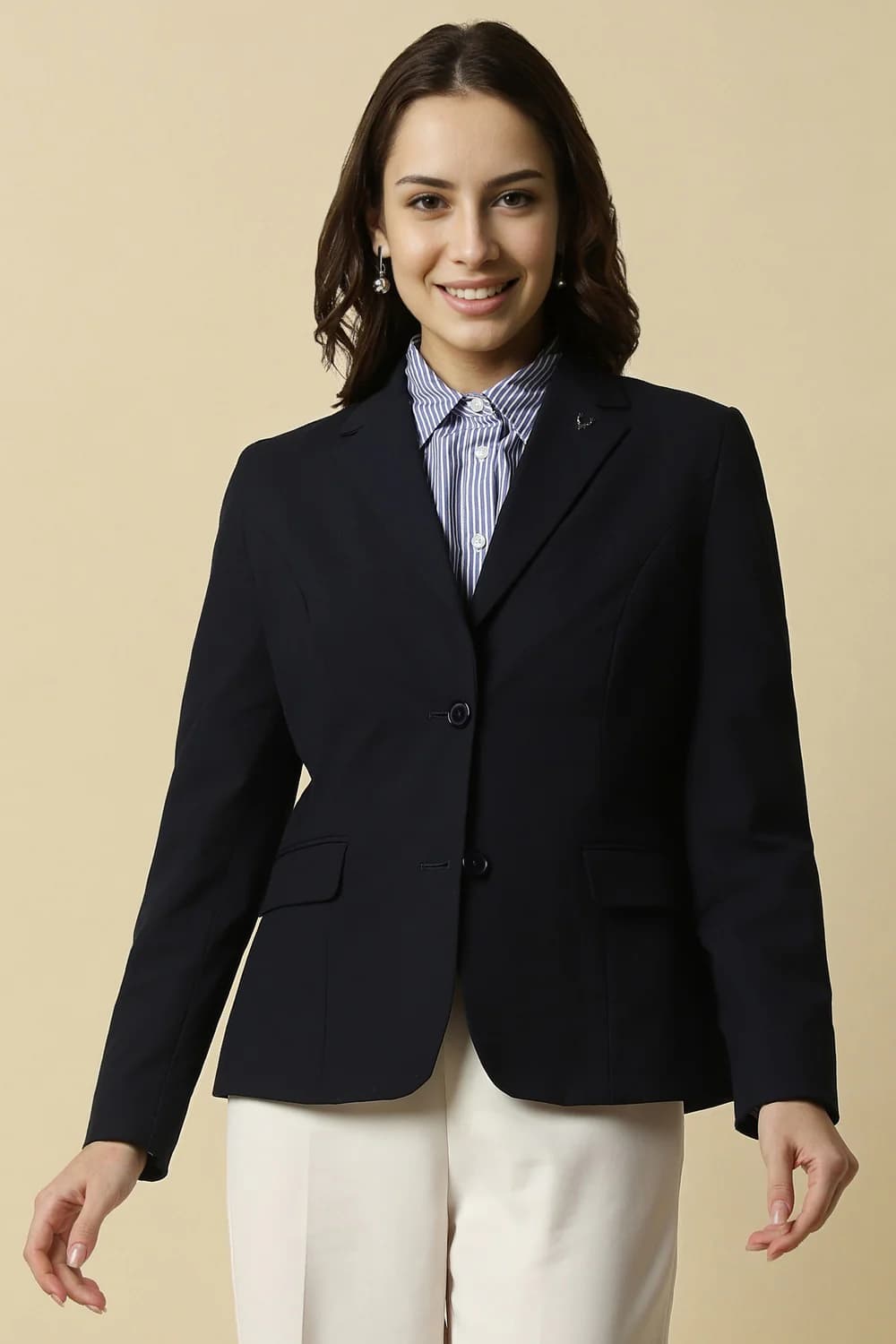 Women's Navy Casual Regular Fit Polyester Full Sleeves Blazer