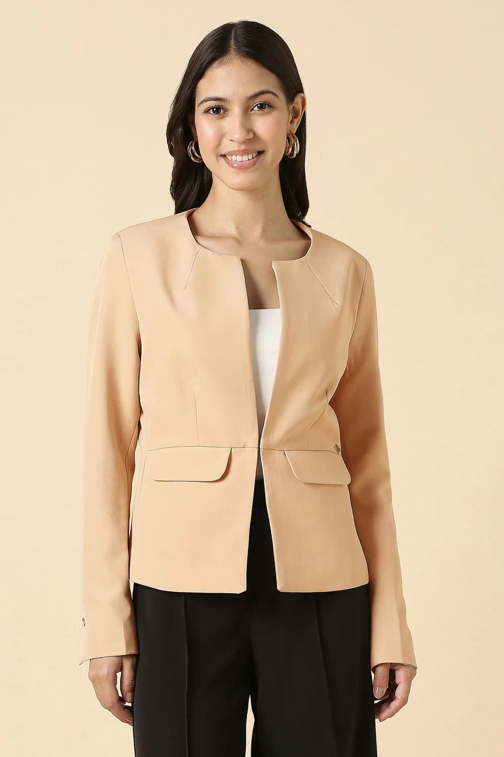 Women's Beige Formal Regular Fit Polyester Full Sleeves Blazer