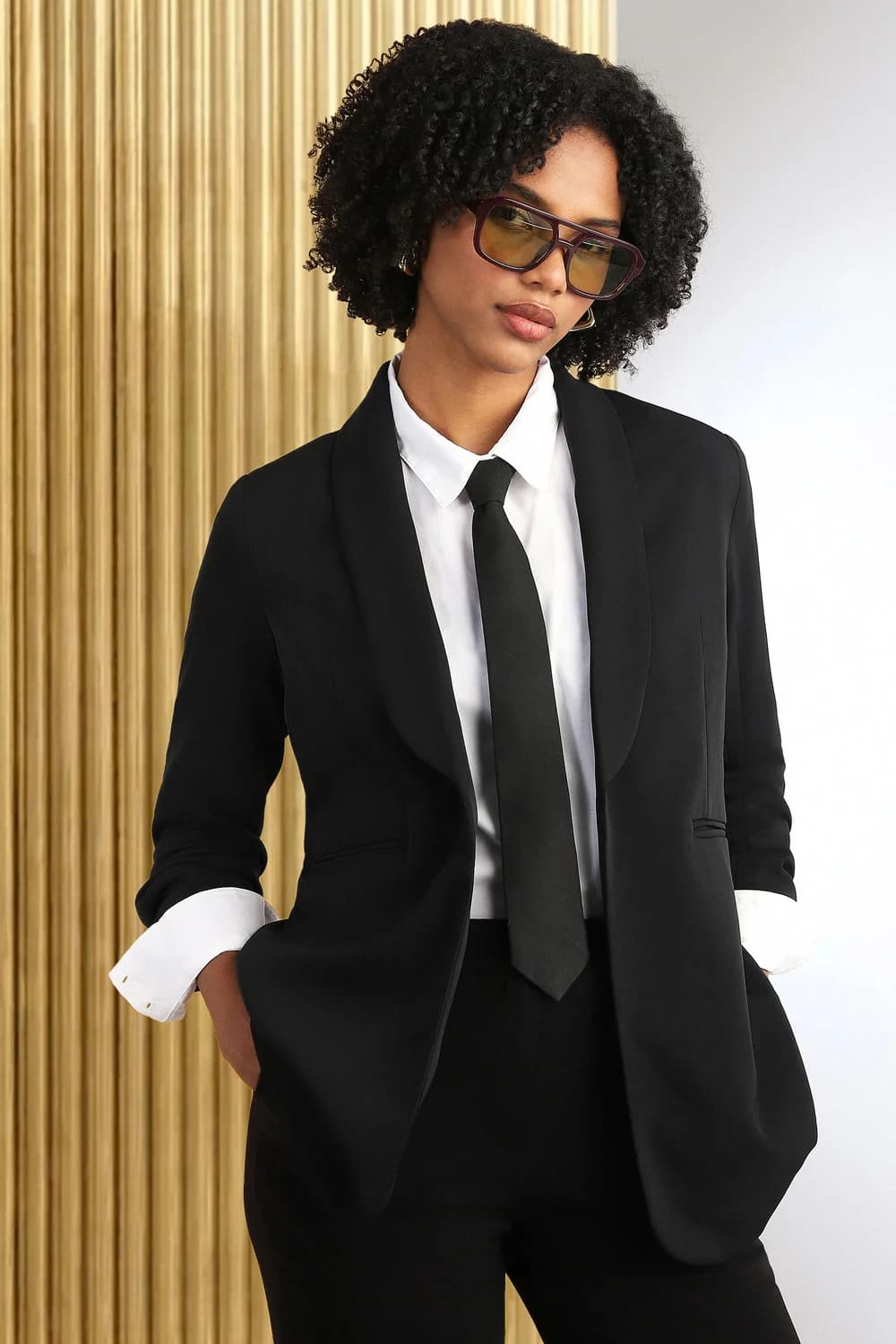 Women's Black Casual Regular Fit Cotton Three Quarter Sleeves Blazer