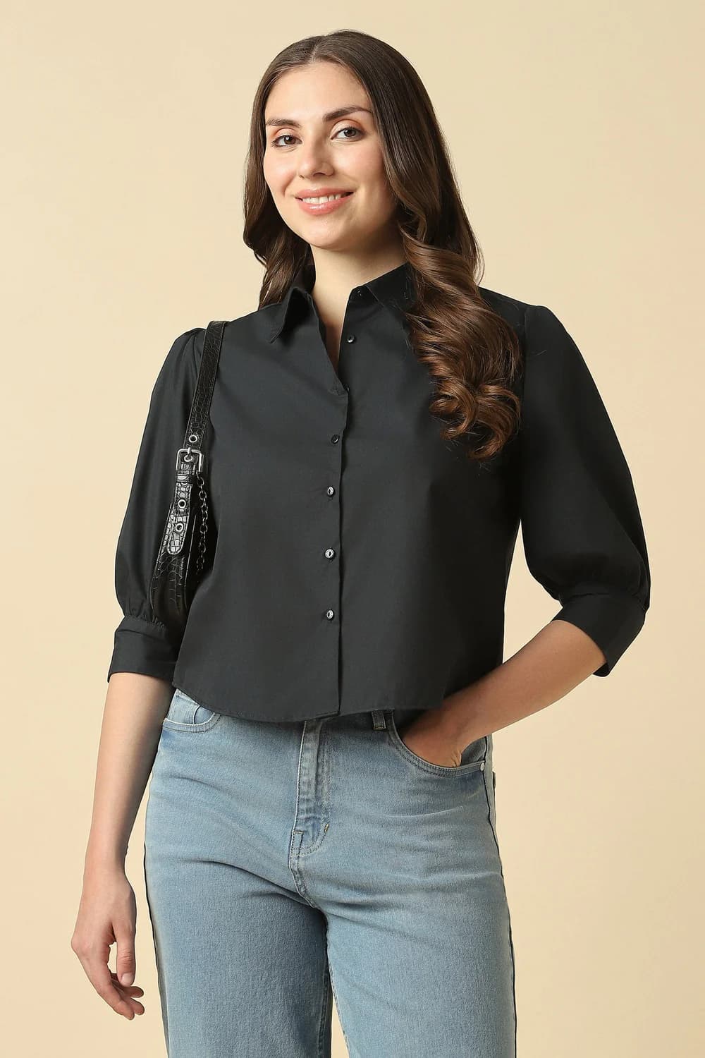 Women's Black Casual Regular Fit Cotton Full Sleeves Shirt