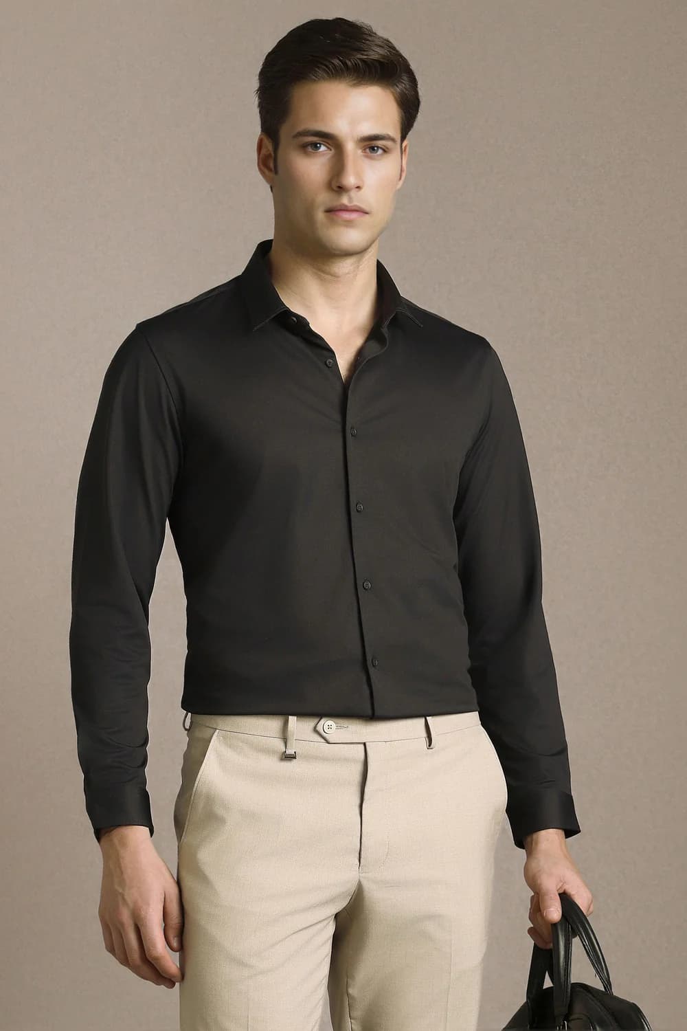 Men's Black Casual Slim Fit Polyester Full Sleeves Shirt