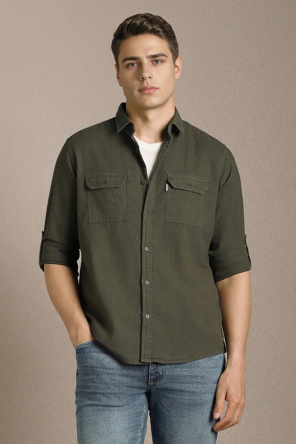 Men's Green Casual Slim Fit Cotton Full Sleeves Shirt