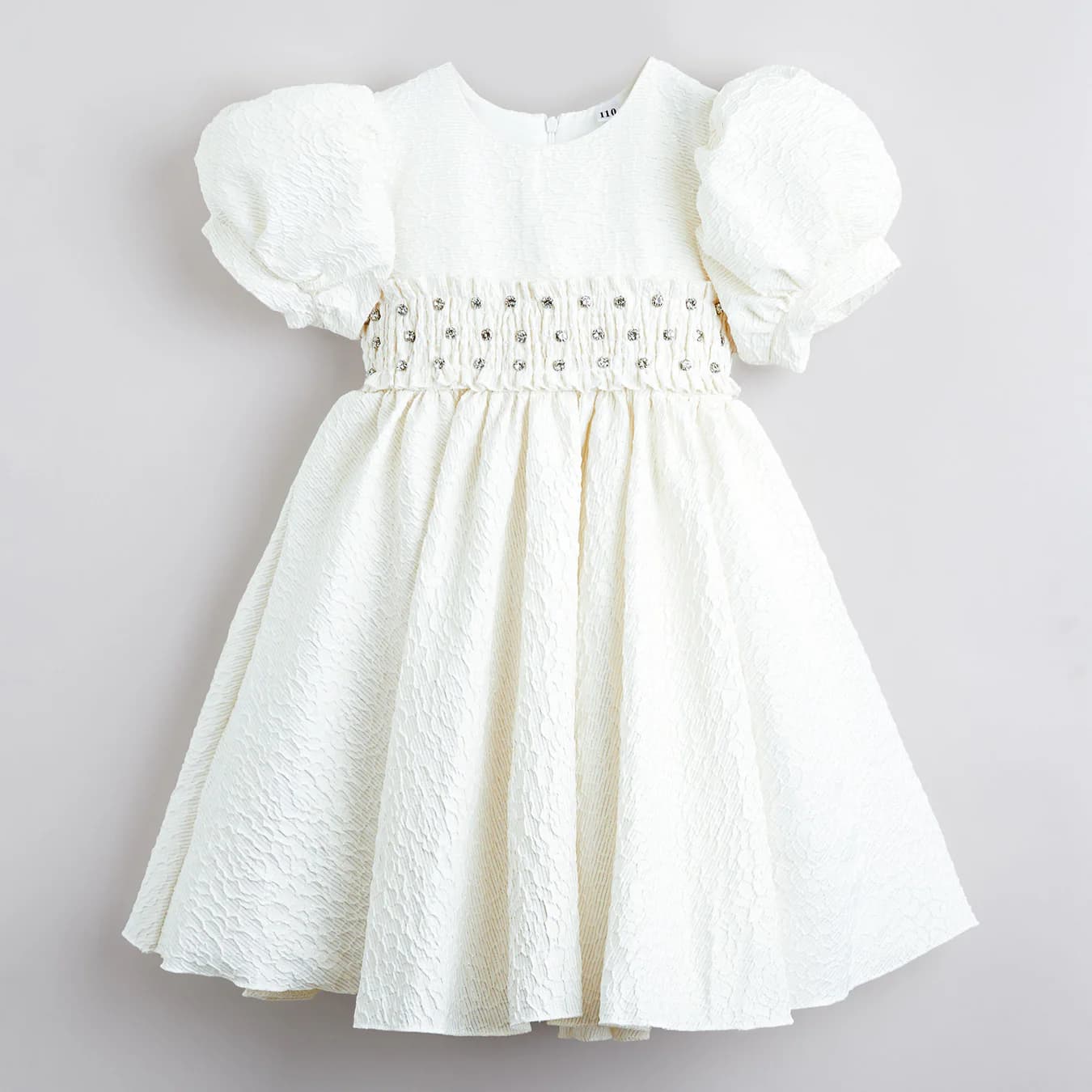 Girls White Party Textured Fit & Flared Dress