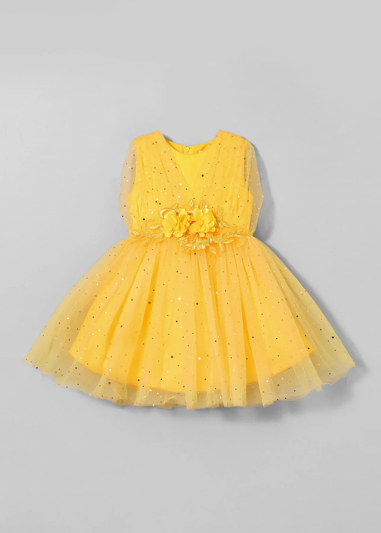 Girls Yellow Party Sequins Fit & Flared Dress