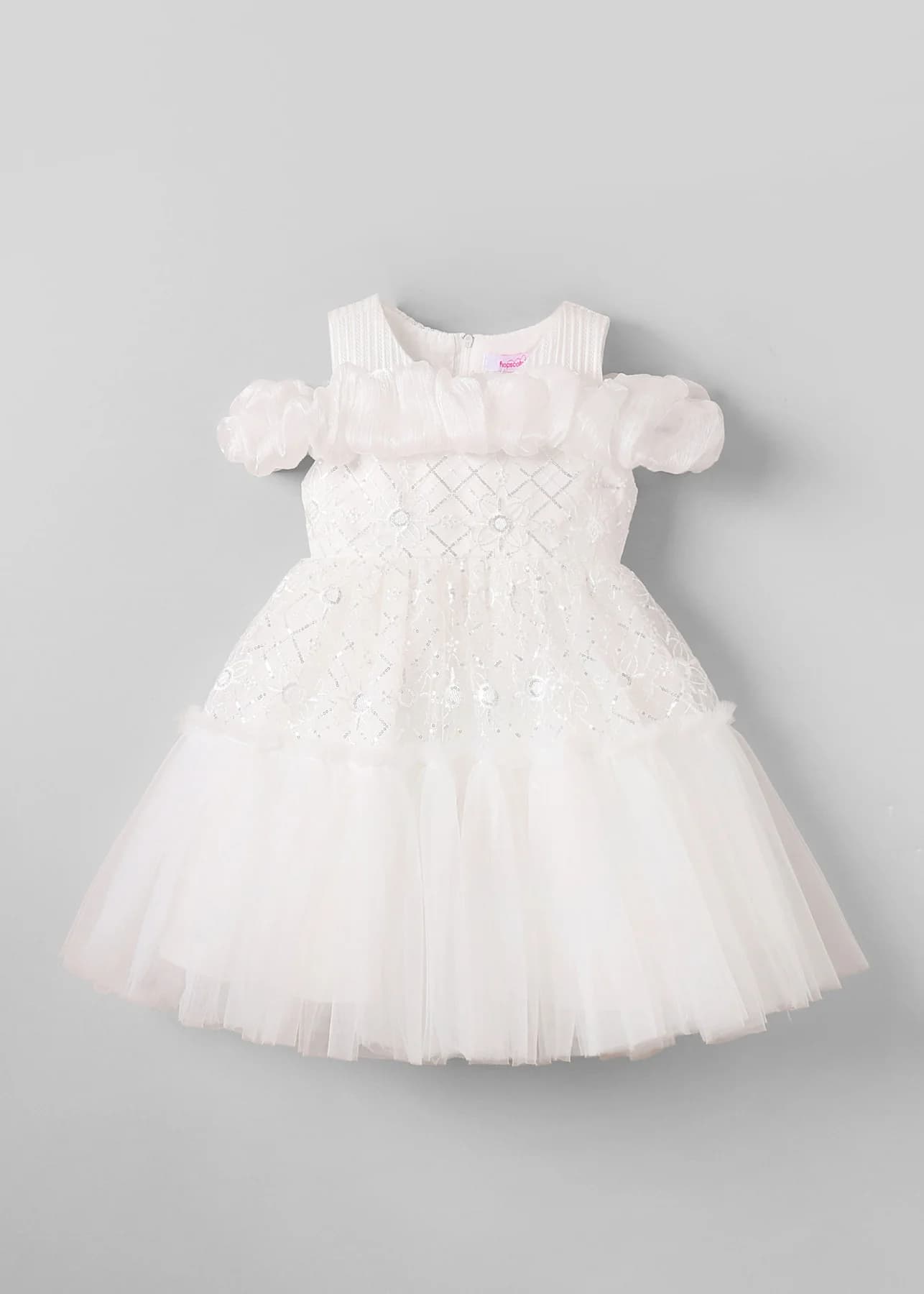 Girls White Party Embellished Fit & Flared Dress