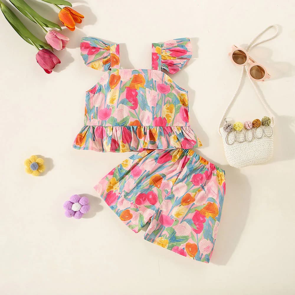 Girls Multicolor Party Floral Regular Fit Square Neck Top with Floral Mid Rise Shorts