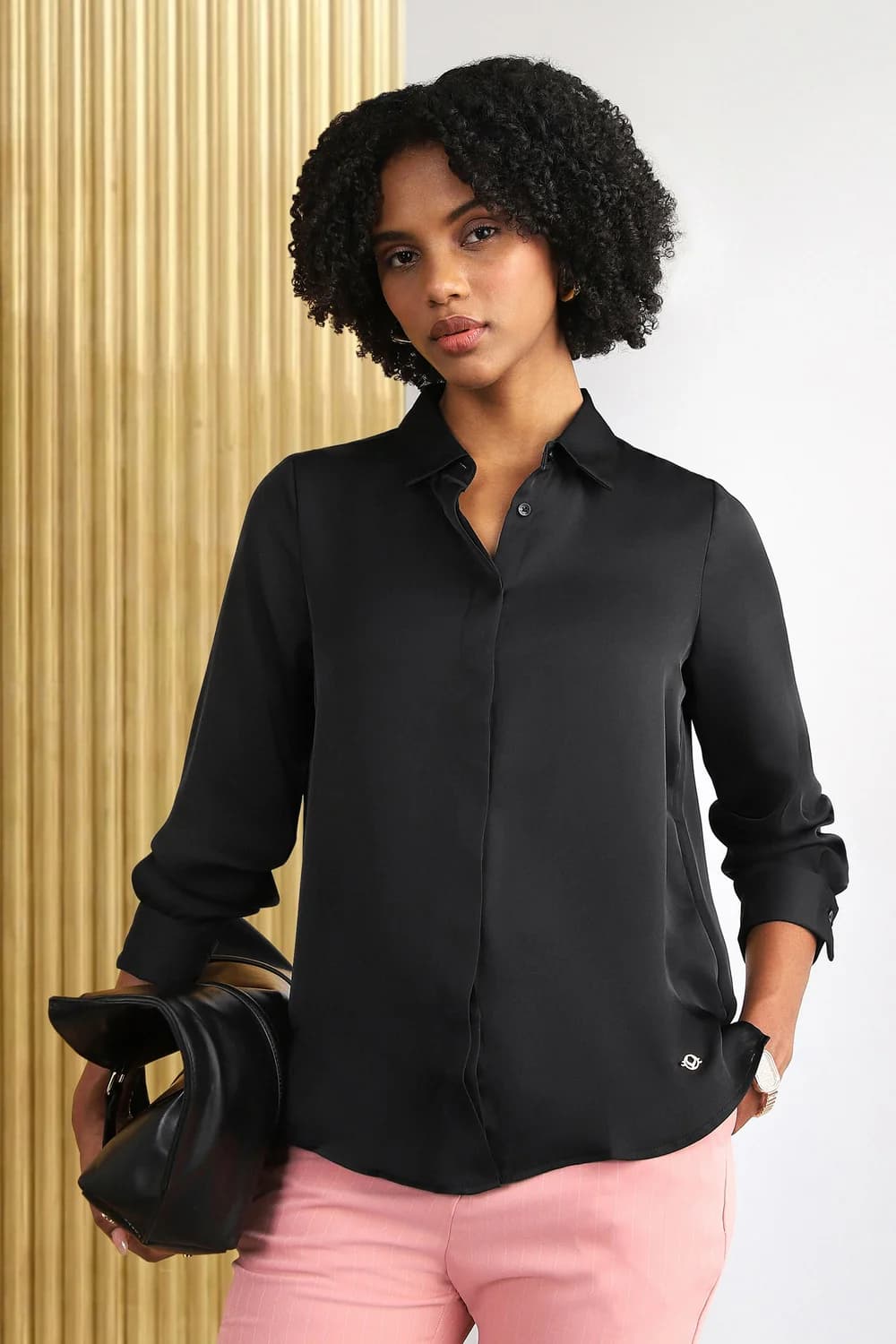 Women's Black Formal Regular Fit Polyester Full Sleeves Shirt