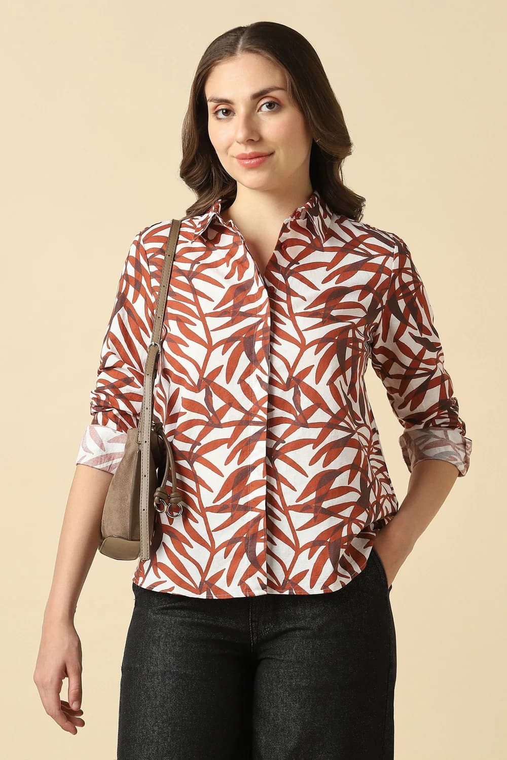 Women's Brown Casual Regular Fit Cotton Full Sleeves Shirt