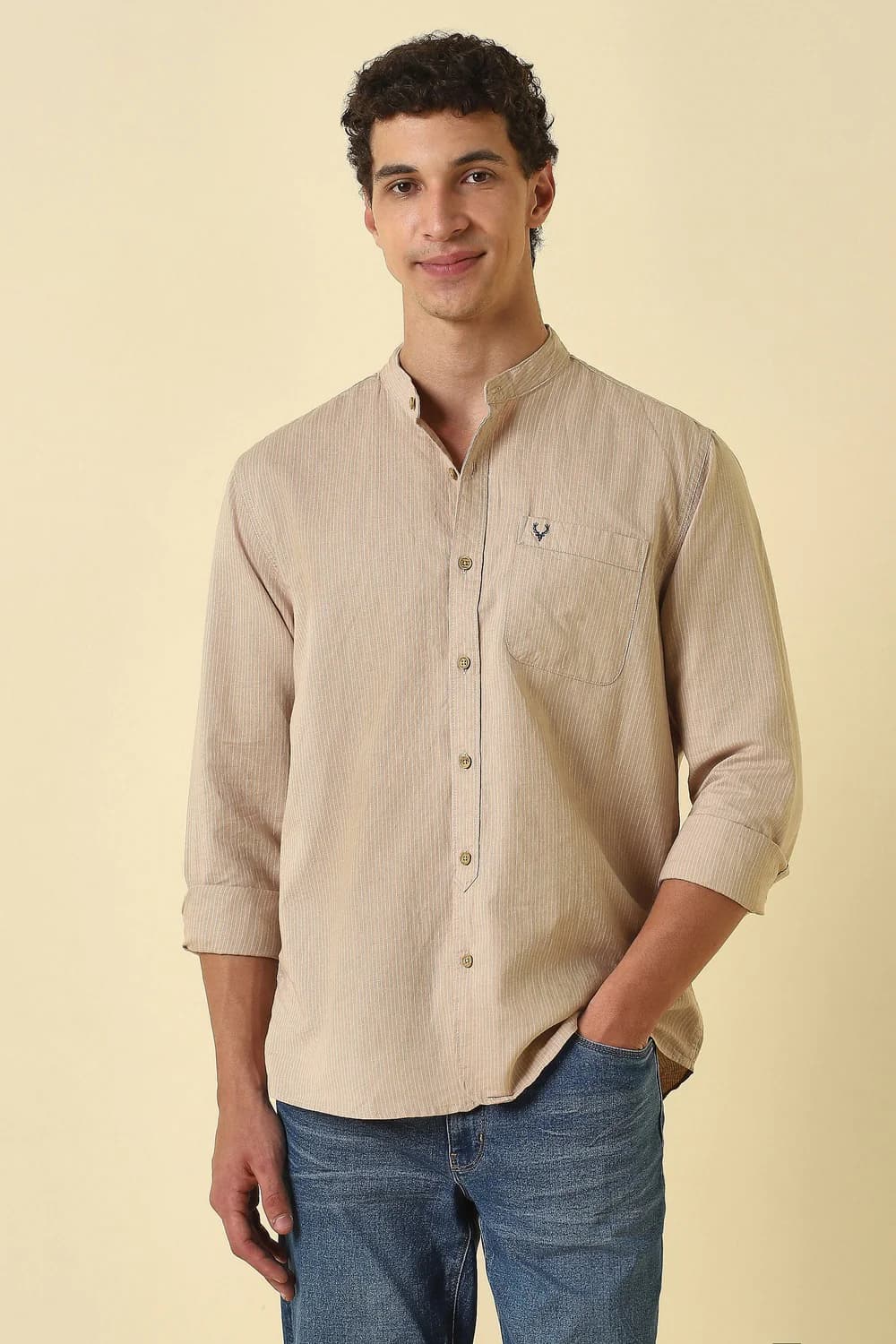 Men's Beige Casual Regular Fit Cotton Full Sleeves Shirt