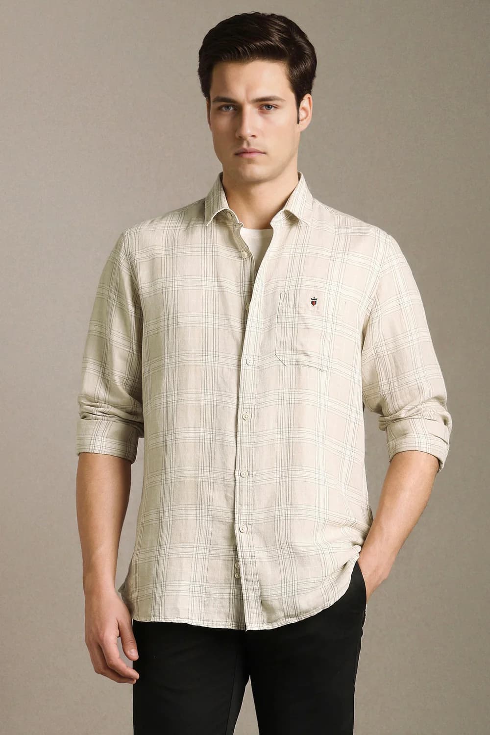 Men's Beige Casual Slim Fit Cotton Full Sleeves Shirt