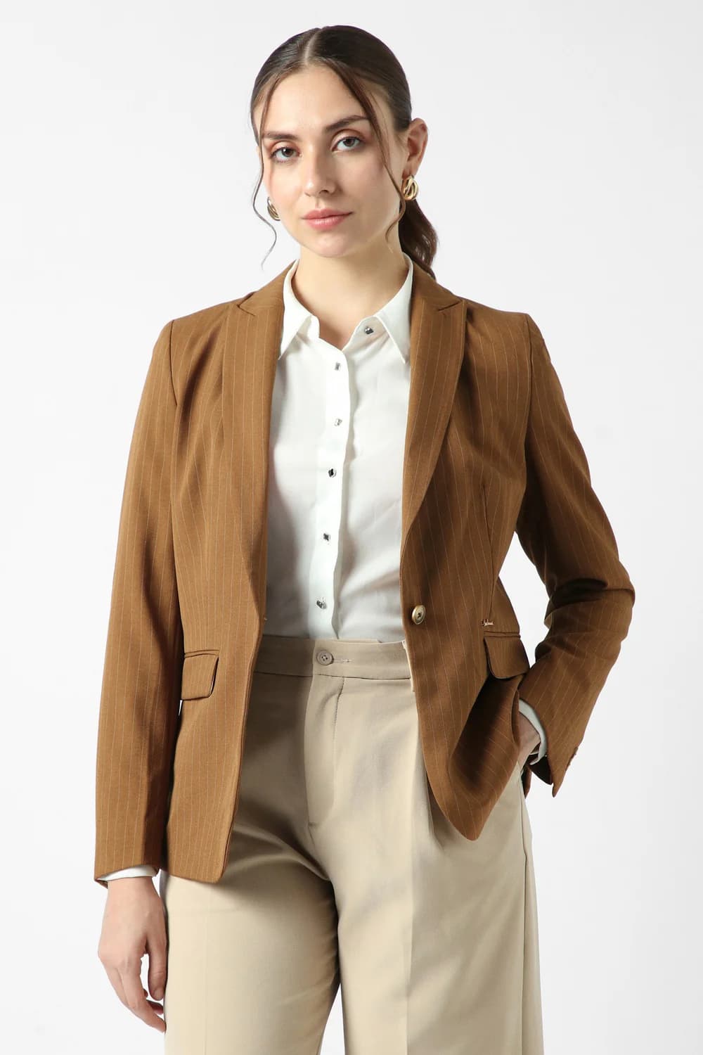 Women's Brown Formal Regular Fit Polyester Full Sleeves Blazer