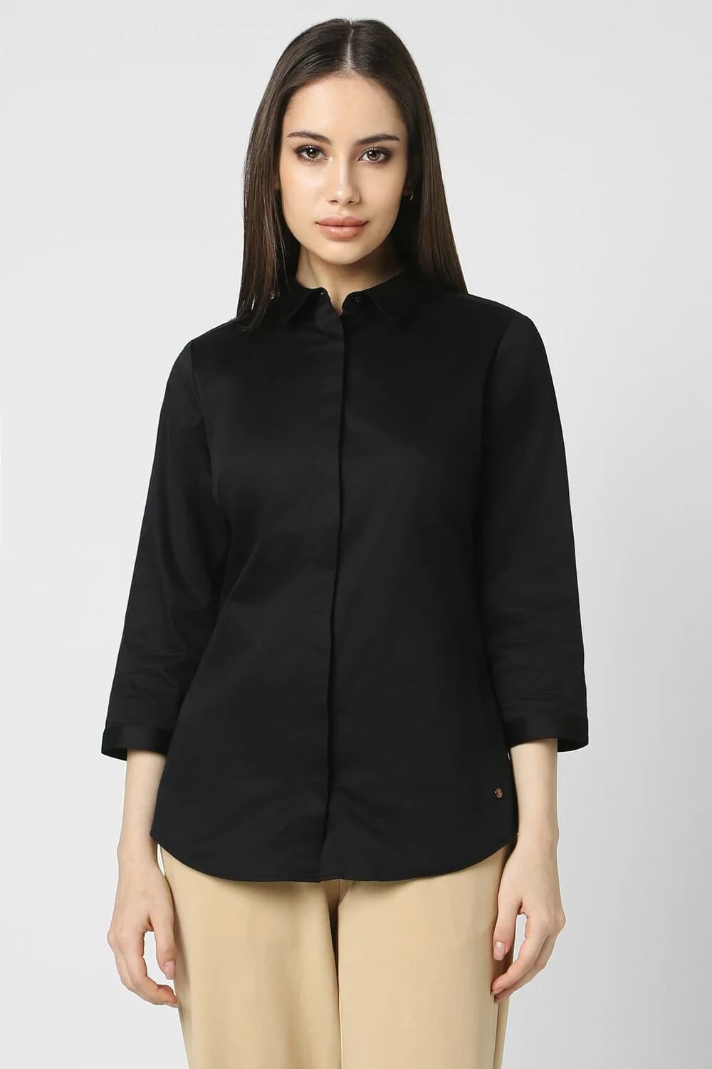 Women's Black Formal Regular Fit Cotton Three Quarter Sleeves Shirt