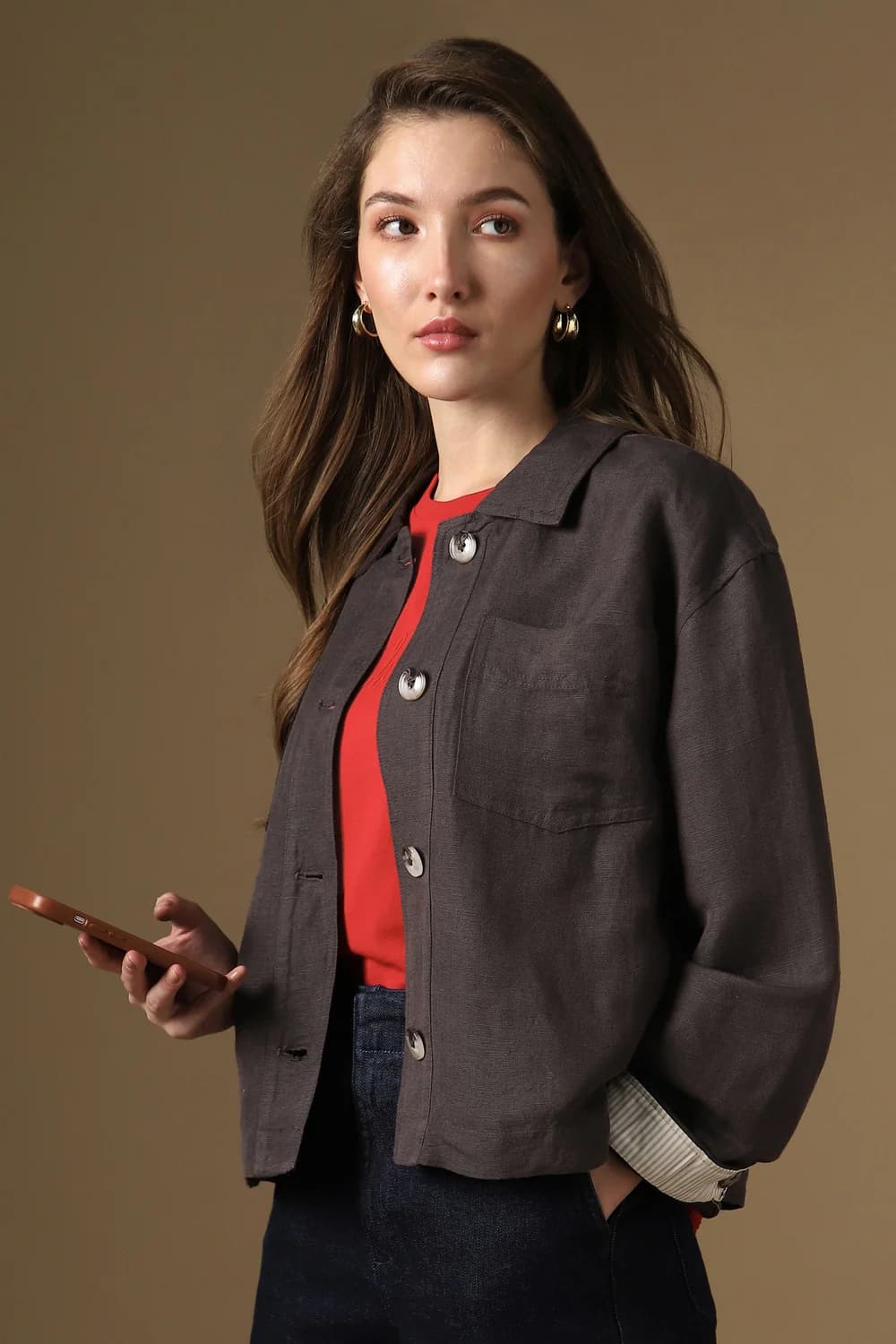 Women's Brown Casual Regular Fit Linen Full Sleeves Jacket
