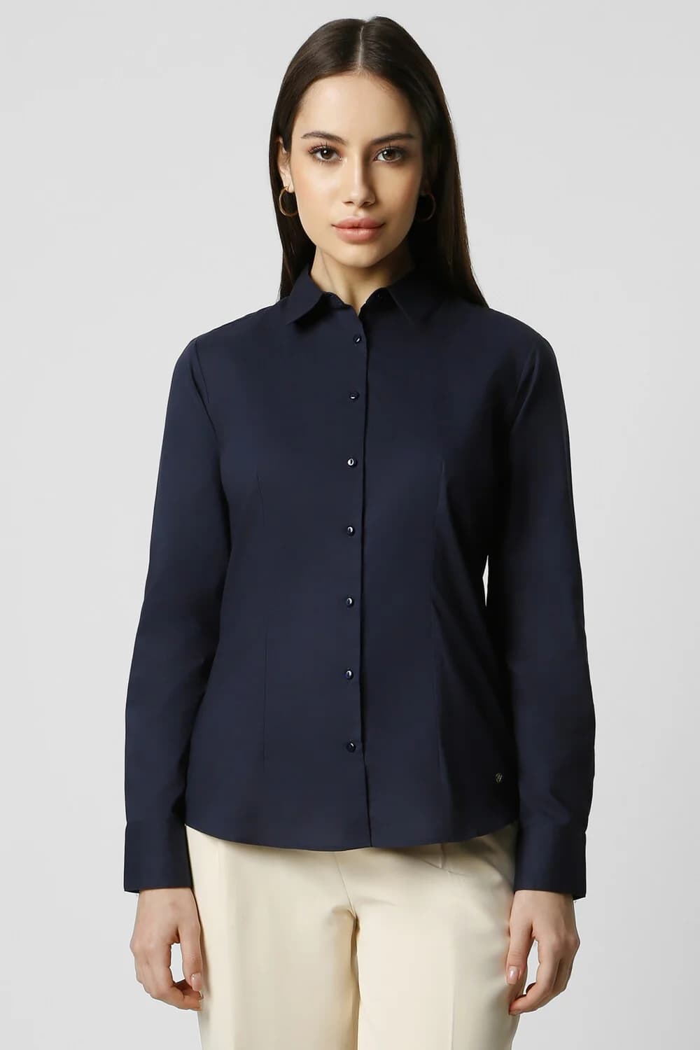 Women's Navy Formal Regular Fit Polyester Full Sleeves Shirt