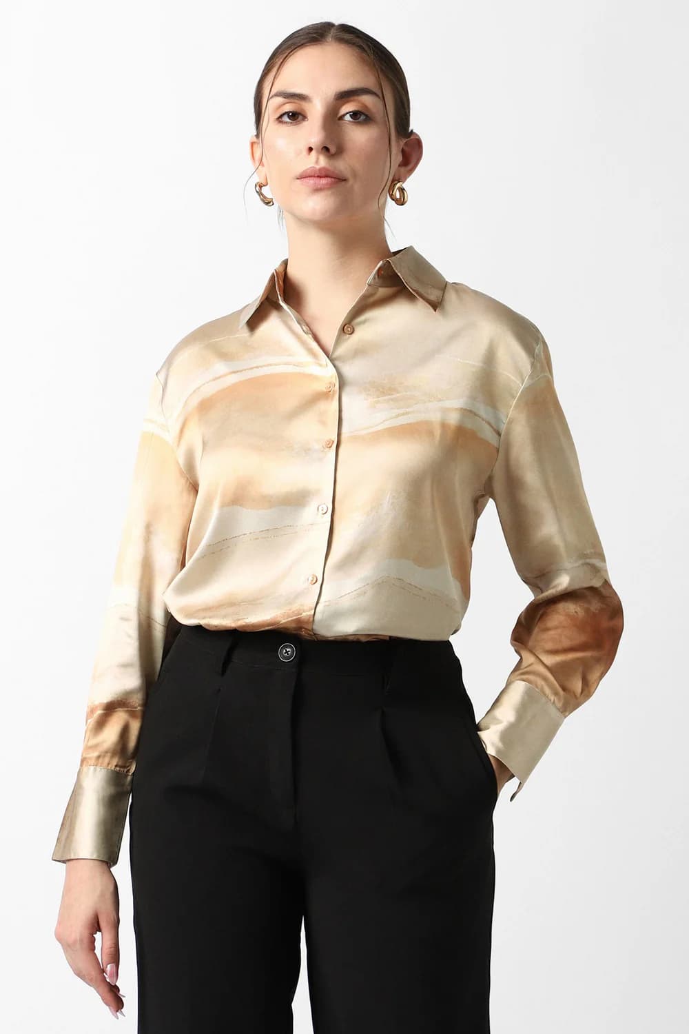 Women's Beige Formal Regular Fit Polyester Full Sleeves Shirt