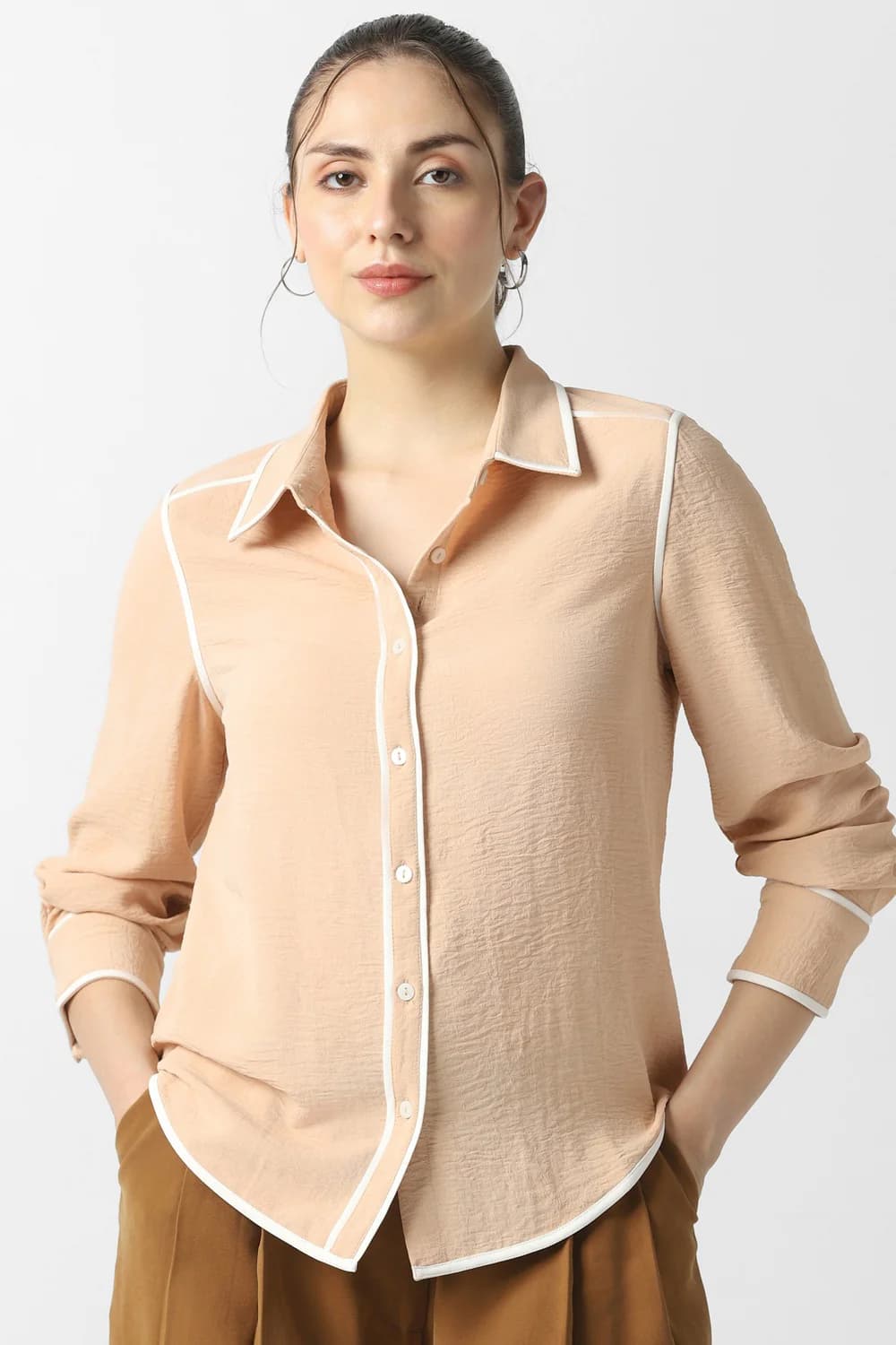 Women's Beige Formal Regular Fit Polyester Full Sleeves Shirt