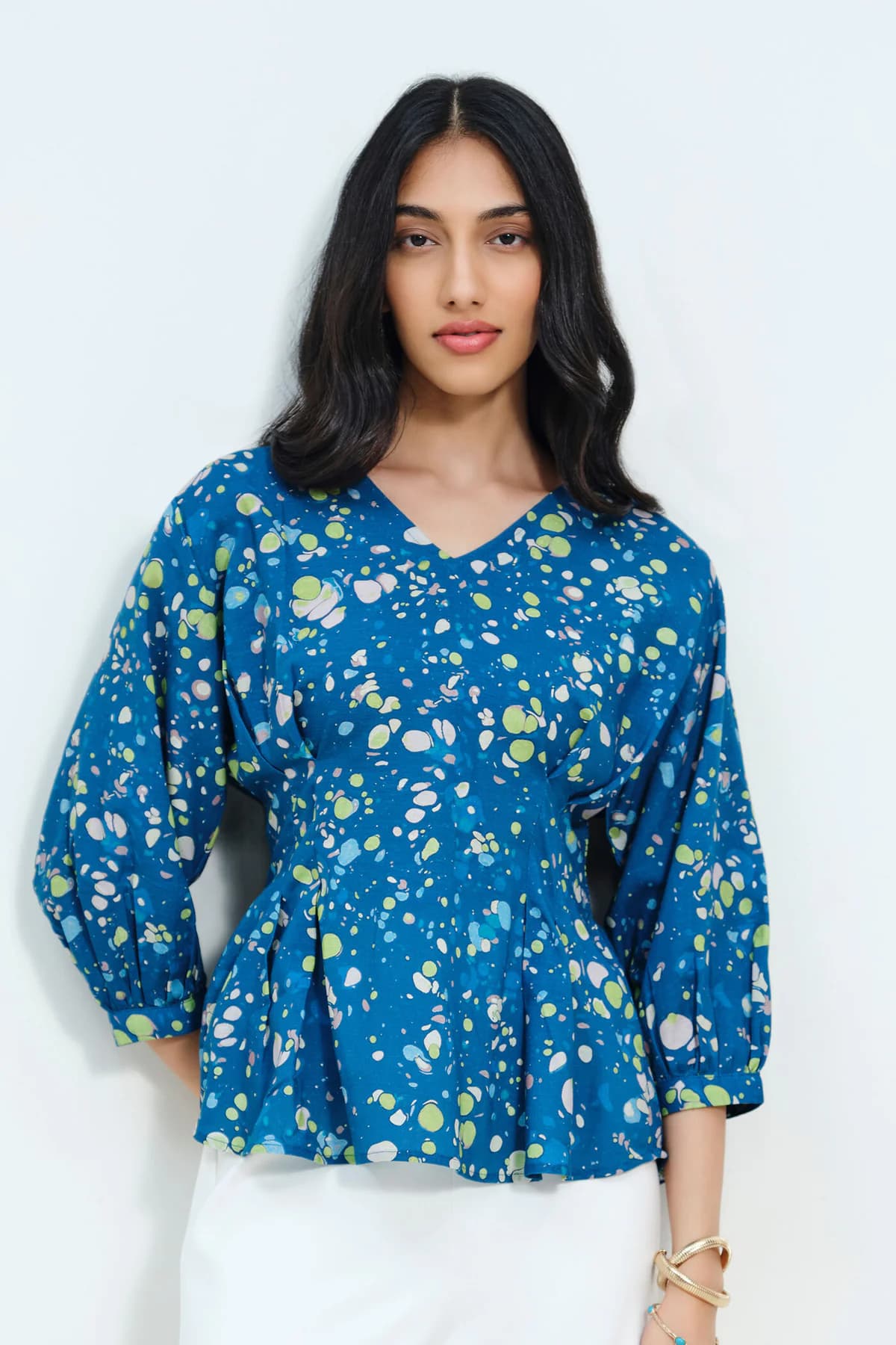 Women's Blue Casual Printed V-Neck Top