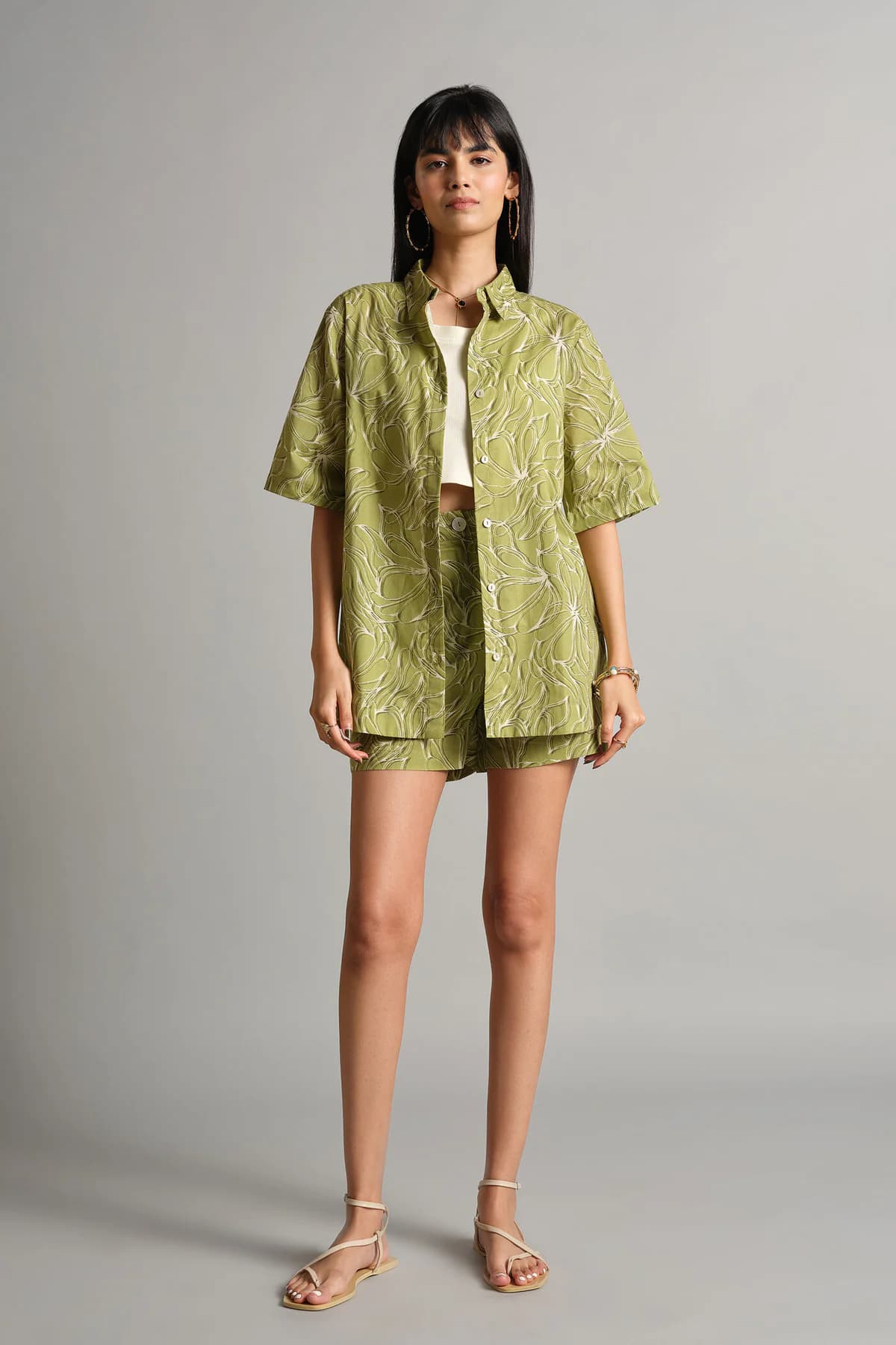 Women's Green Casual Printed Half Sleeves 3-Piece Co-ord Set