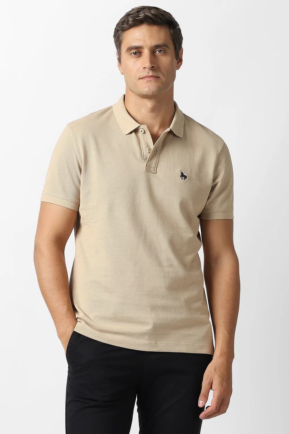 Men's Beige Casual Regular Fit Cotton Half Sleeves Polo Tshirt
