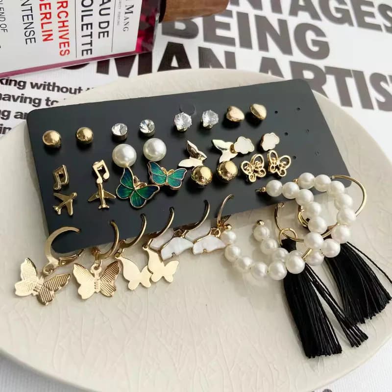 Women's Bohemian Long Tassel Drop Statement Earrings and Studs - Set of 17