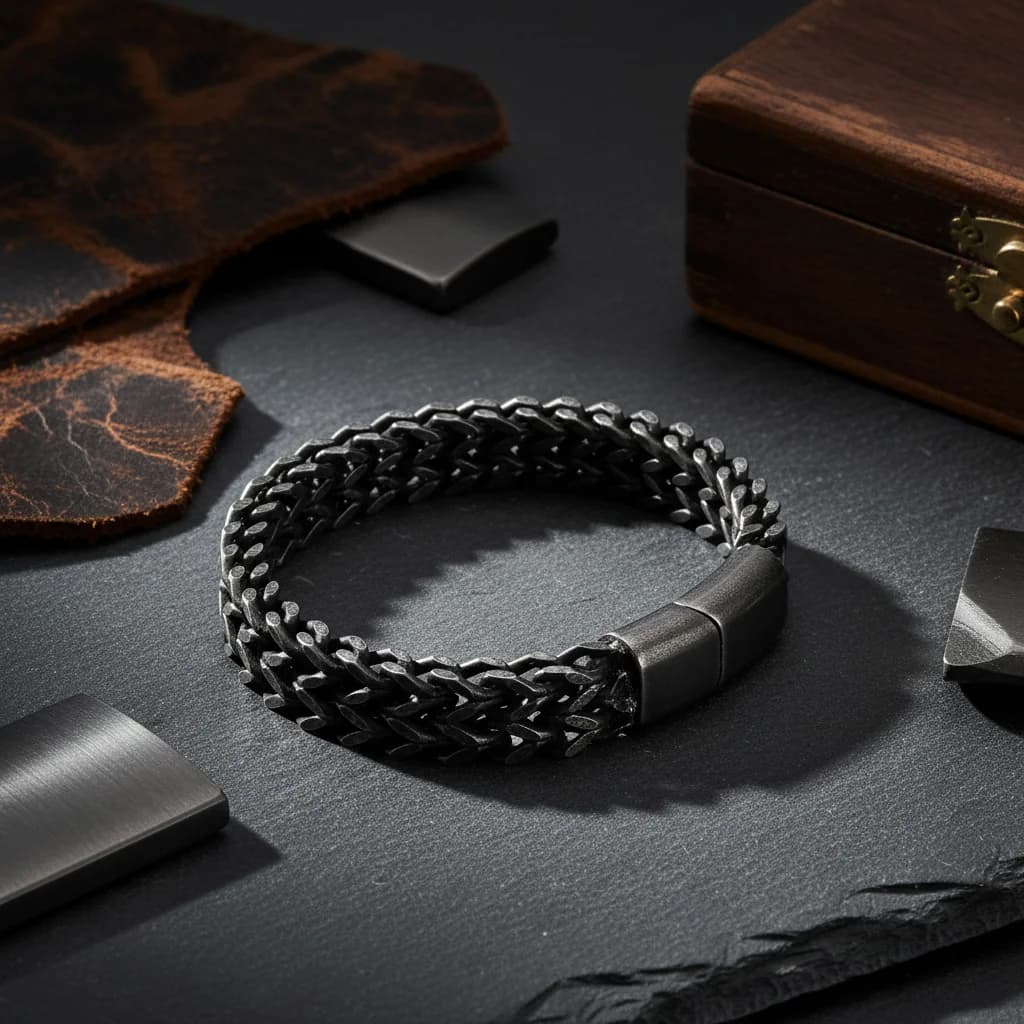 Men's Anti Tranish Heavy Punk Double Curb Cuban Rombo Chain Bracelet 316L Stainless Steel Black