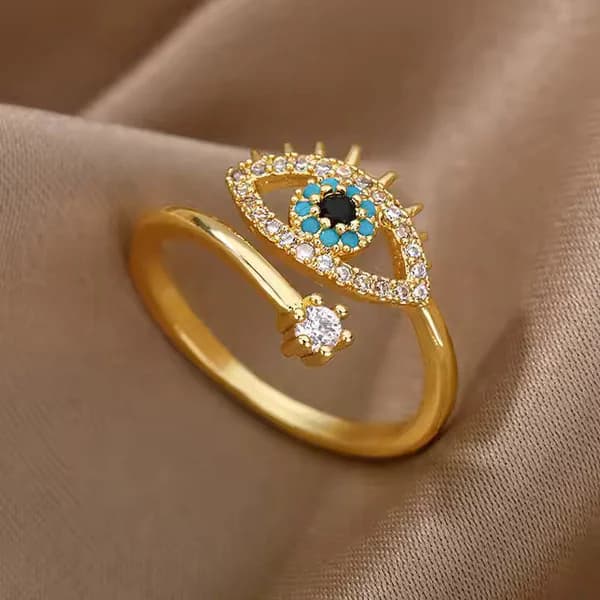 Women's Gold Plated CZ Studded Evil Eye Adjustable Finger Ring