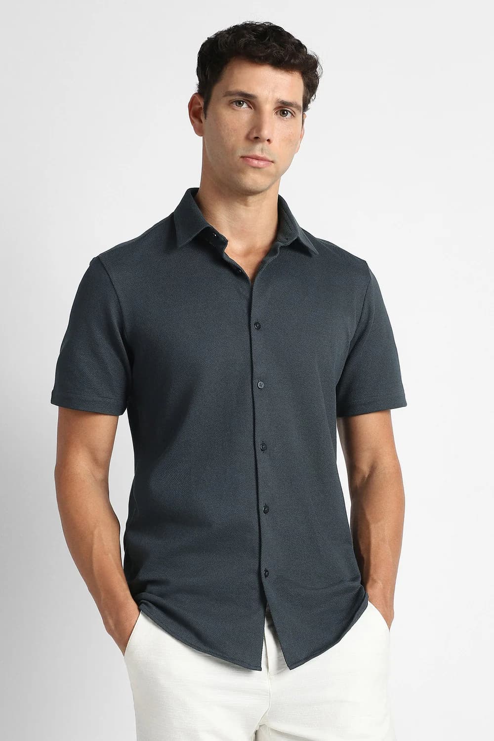 Men's Grey Party Slim Fit Cotton Half Sleeves Shirt